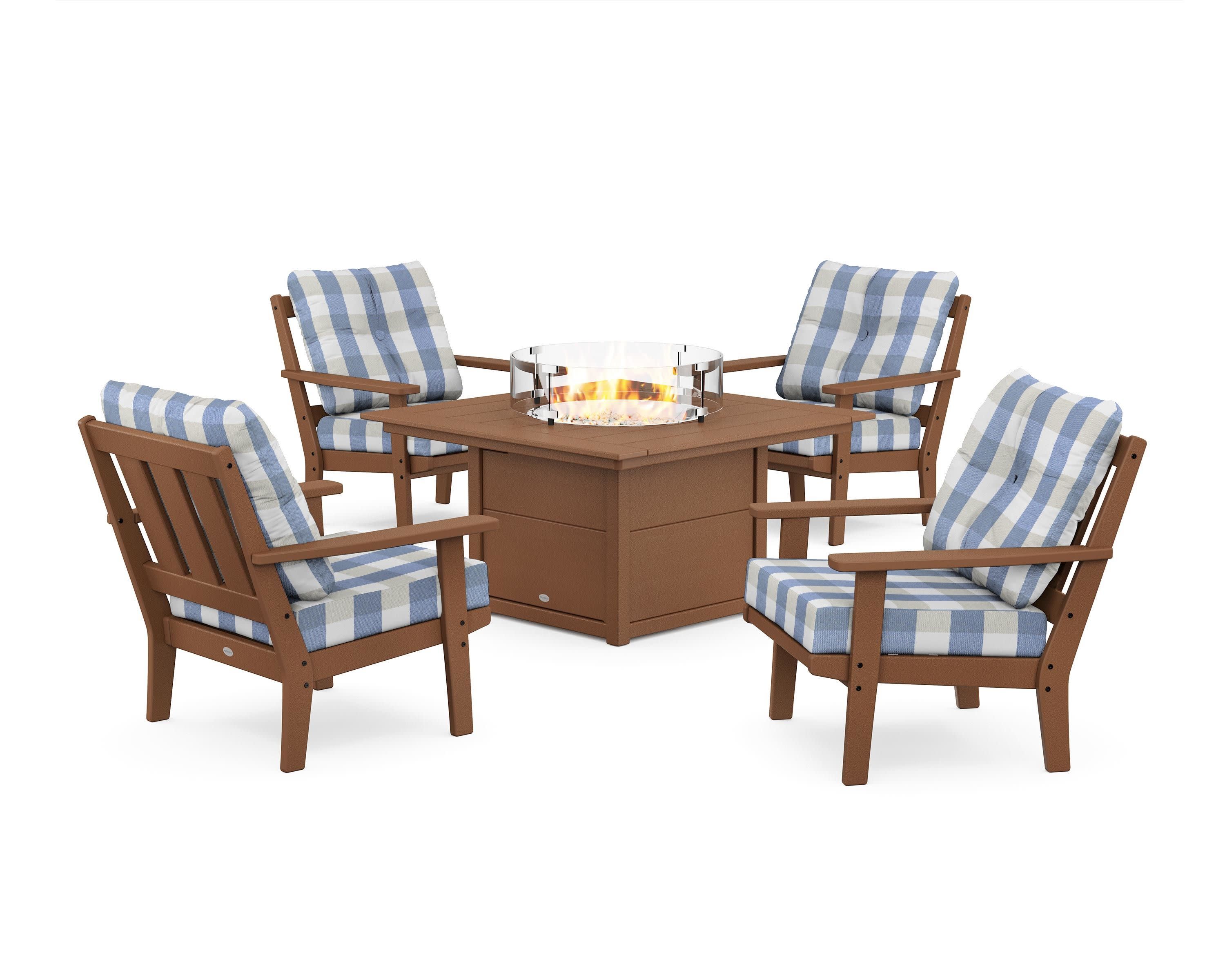 Oxford 5-Piece Deep Seating Set with Fire Pit Table in Teak / Buffalo Plaid Sky Blue