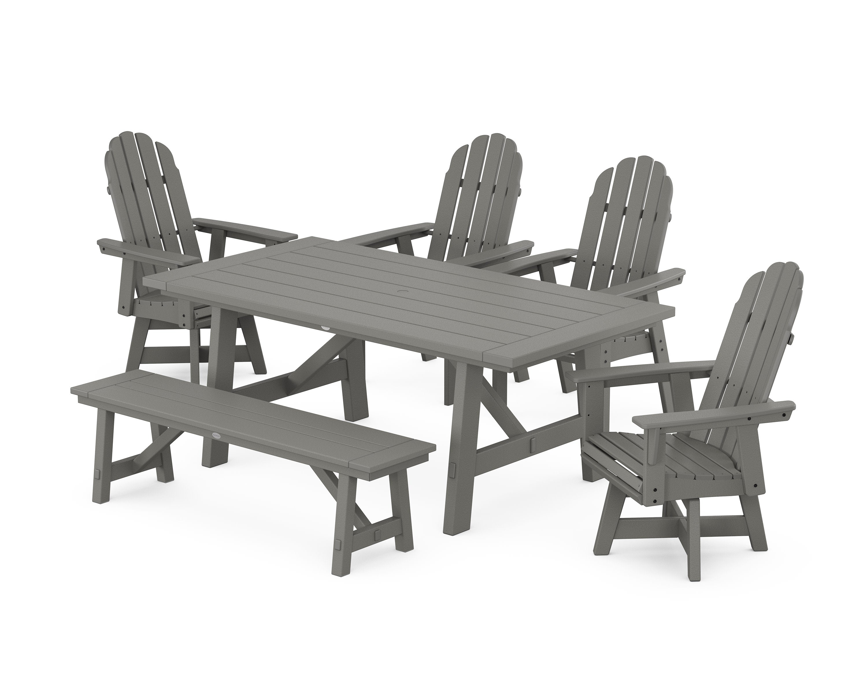 Vineyard Curveback Adirondack Swivel Chair 6-Piece Rustic Farmhouse Dining Set With Bench in Slate Grey