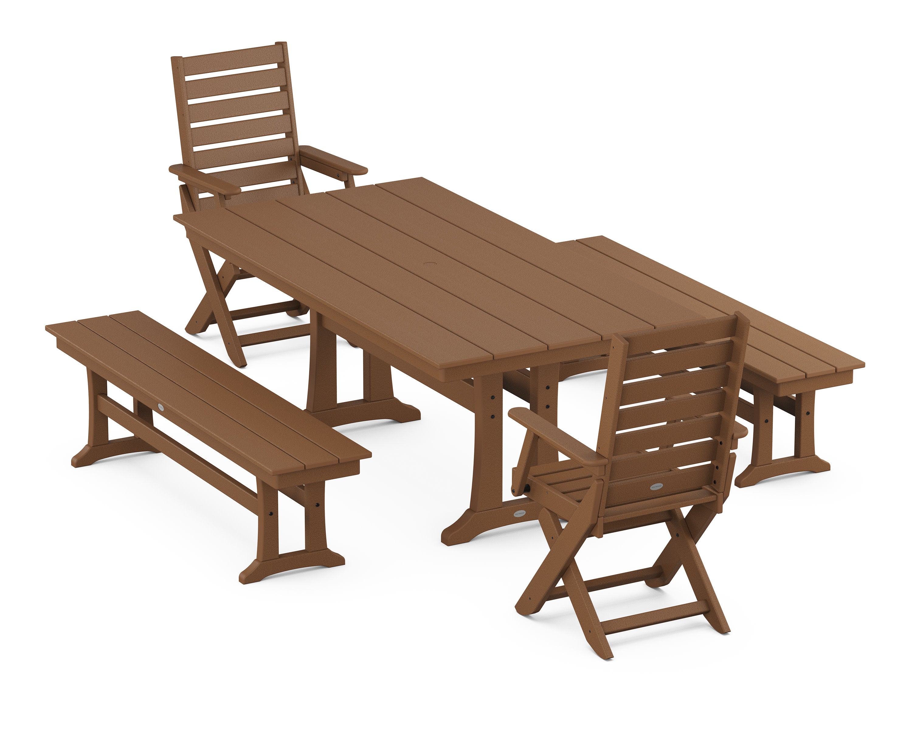 Captain Folding Chair 5-Piece Farmhouse Dining Set With Trestle Legs in Teak