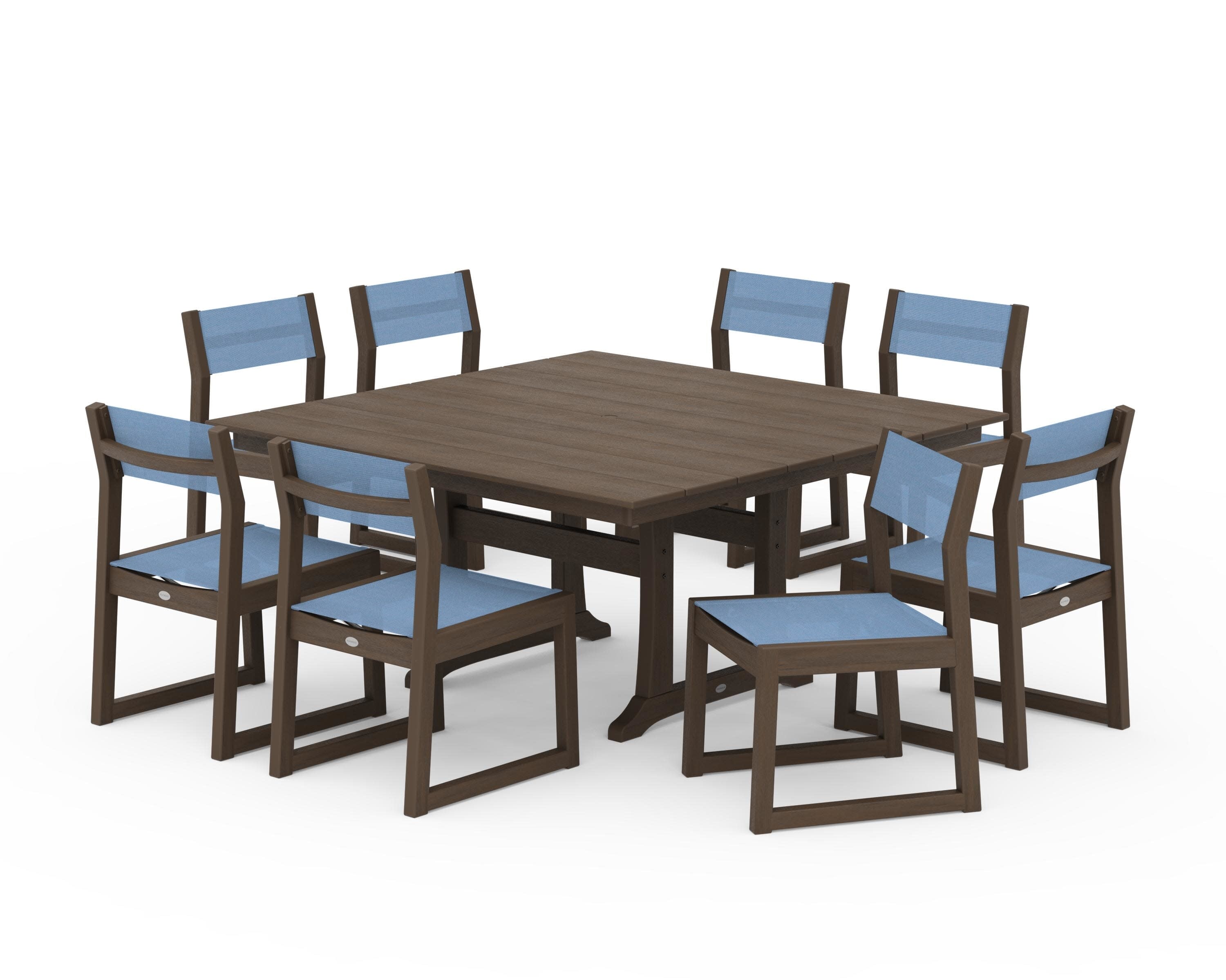 EDGE Sling Side Chair 9-Piece Farmhouse Trestle Dining Set in Kona / Poolside Sling