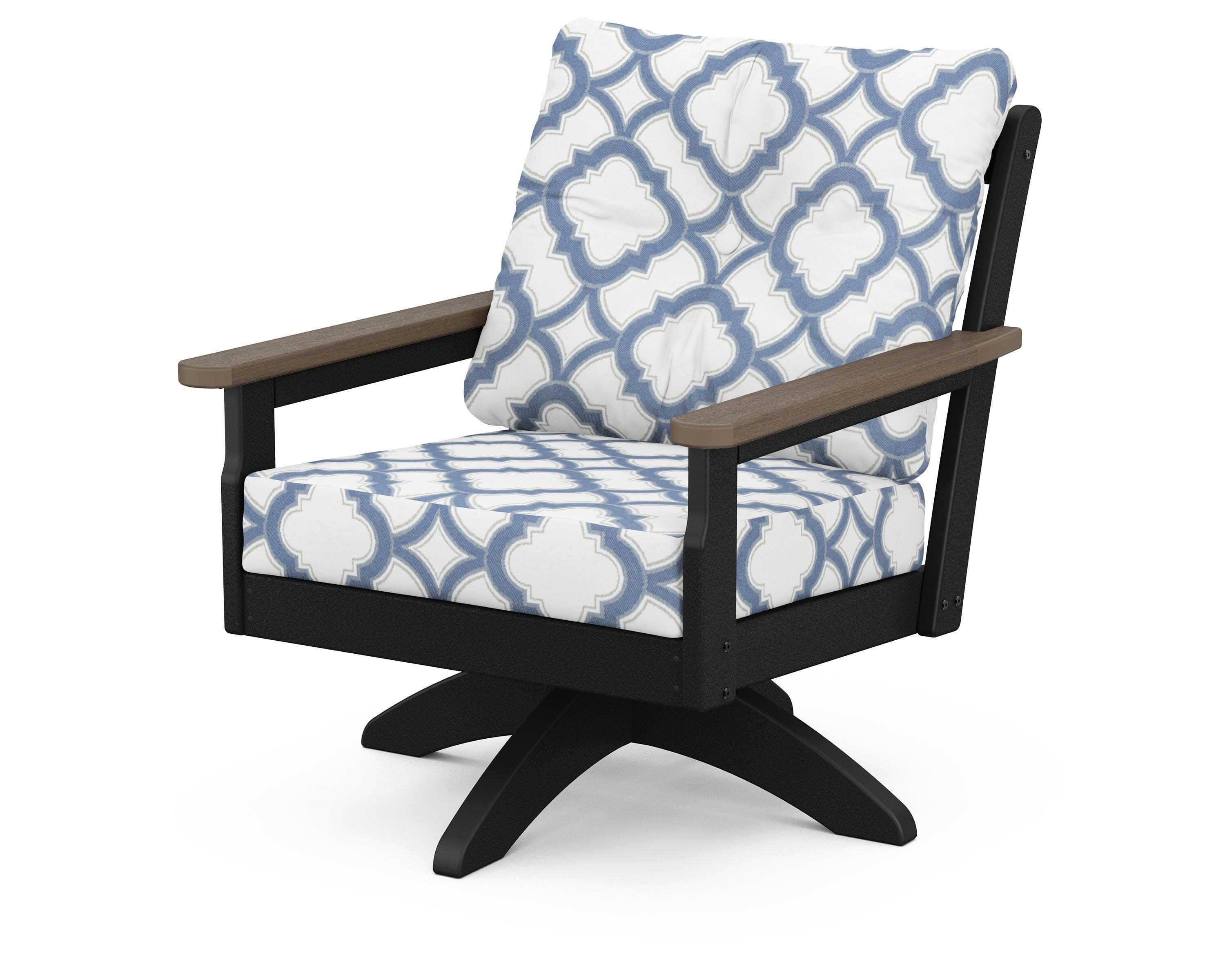 Vineyard Deep Seating Swivel Chair in Black / Kona / Trellis Sky Blue