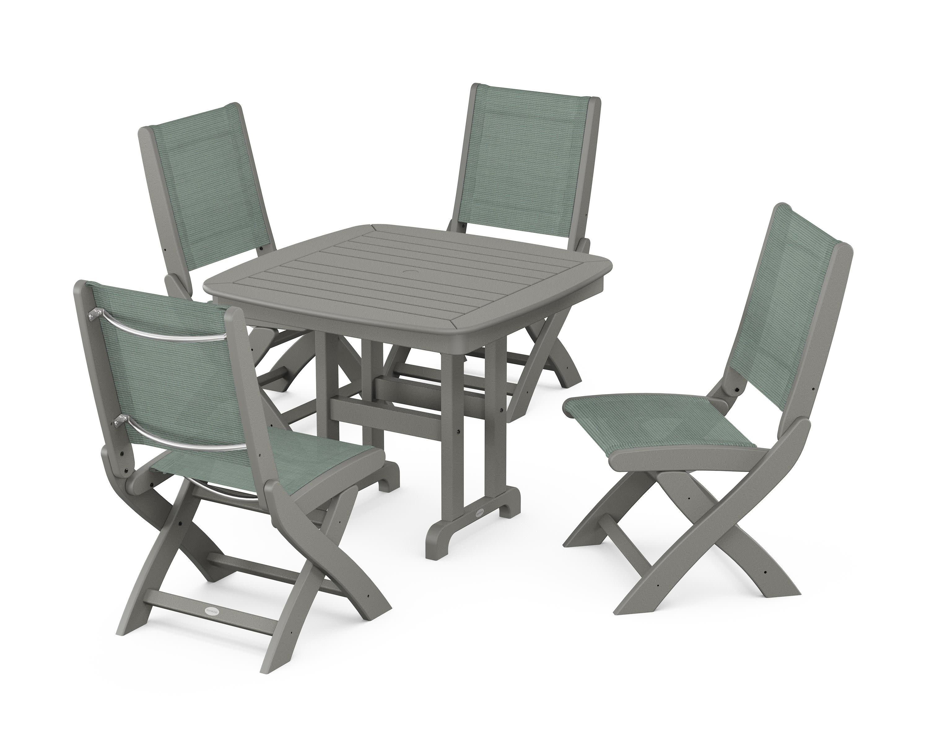 Coastal Folding Side Chair 5-Piece Dining Set in Slate Grey / Dupioni Sea Mist Sling