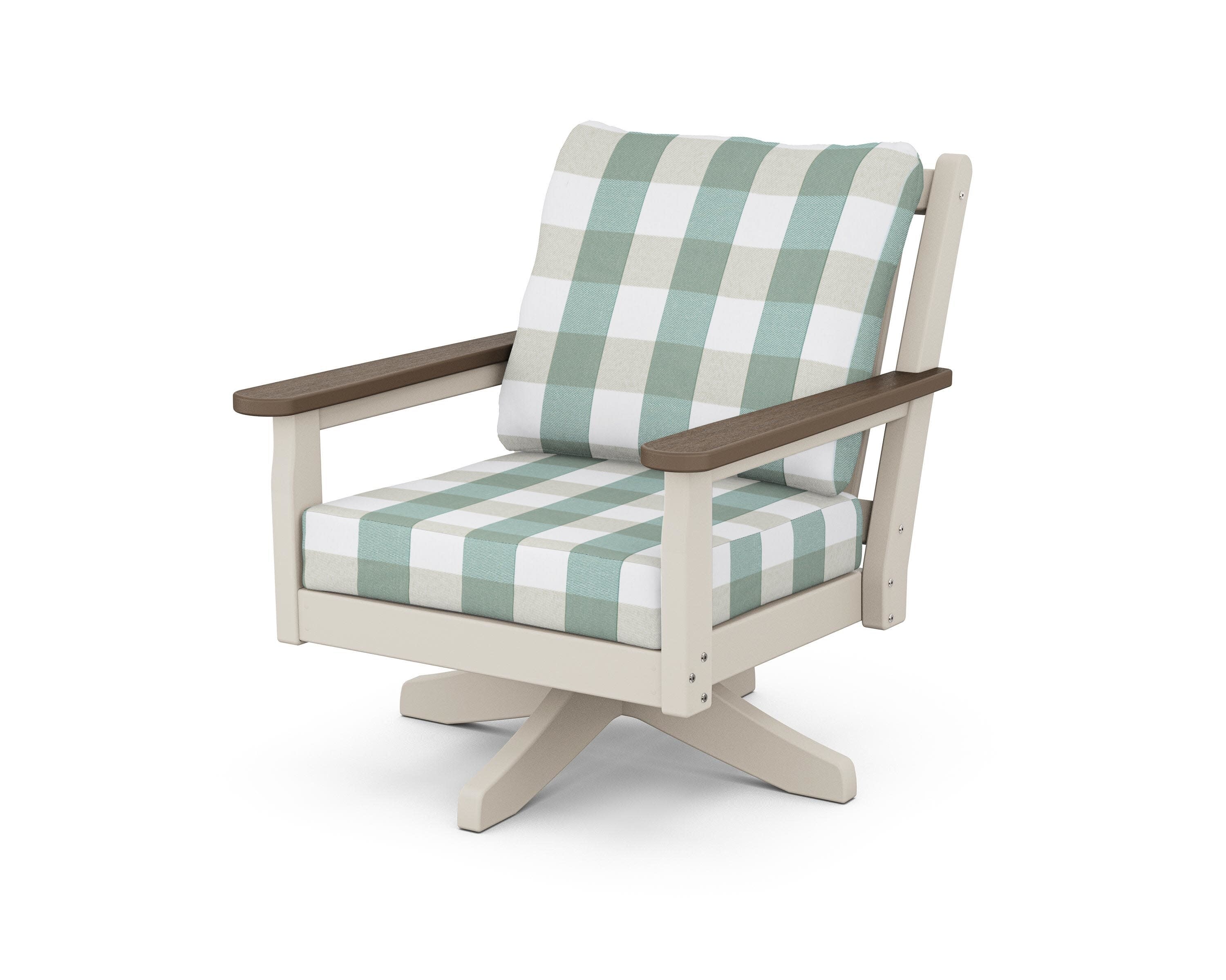 Chippendale Deep Seating Swivel Chair in Sand / Kona / Buffalo Plaid Glacier Spa