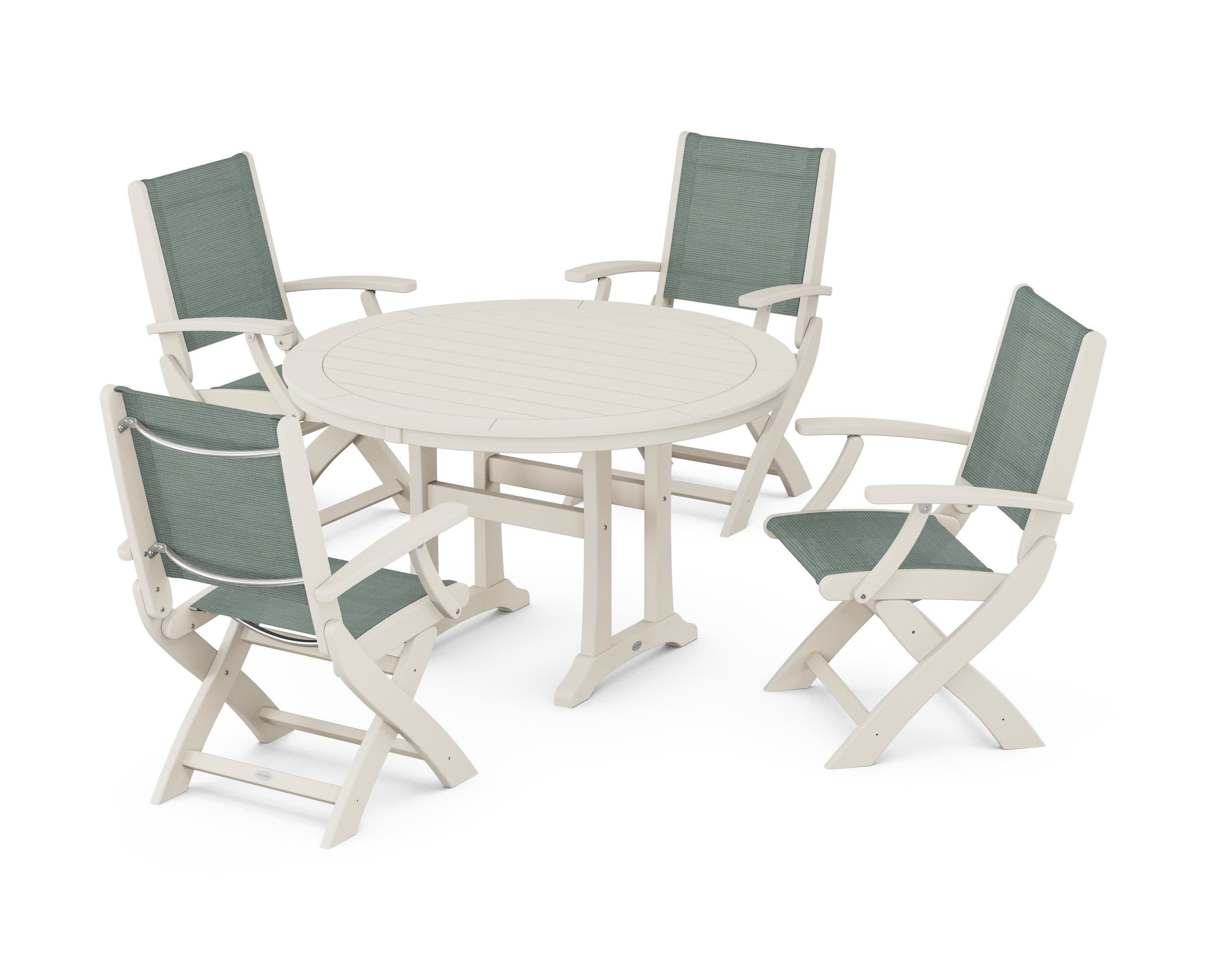 Coastal Folding Chair 5-Piece Round Dining Set with Trestle Legs in Sand / Dupioni Sea Mist Sling