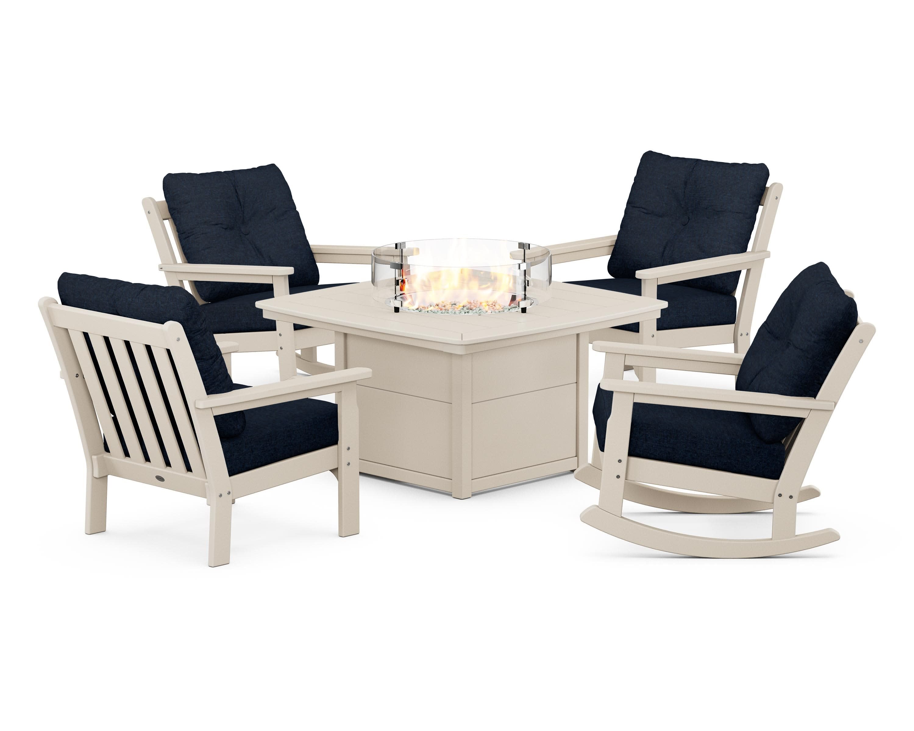 Vineyard 5-Piece Deep Seating Rocking Chair Conversation Set with Fire Pit Table in Sand / Marine Indigo