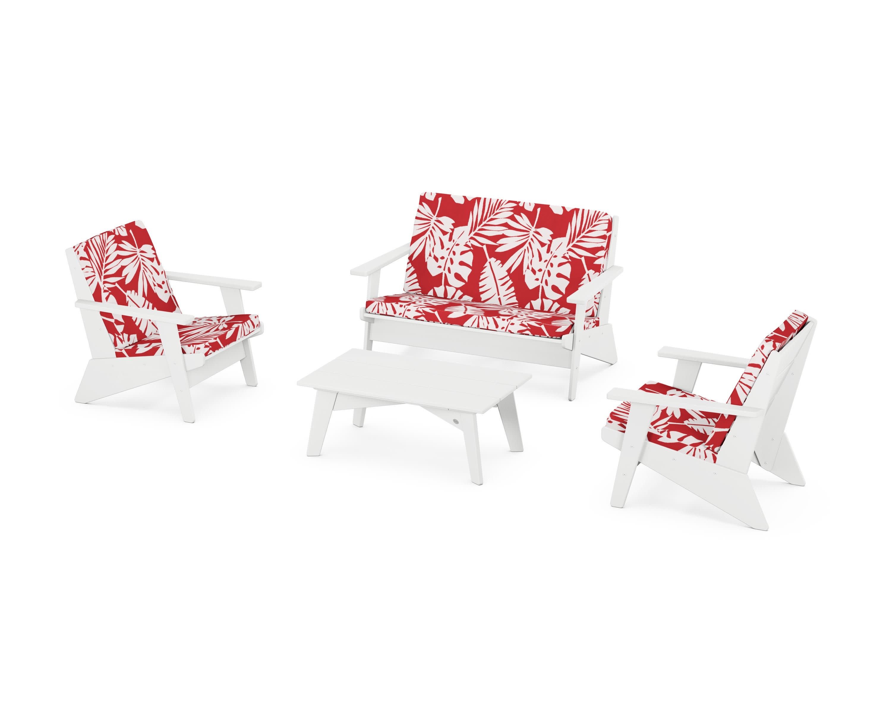 Riviera Modern Lounge 4-Piece Set in White / Leaf Crimson