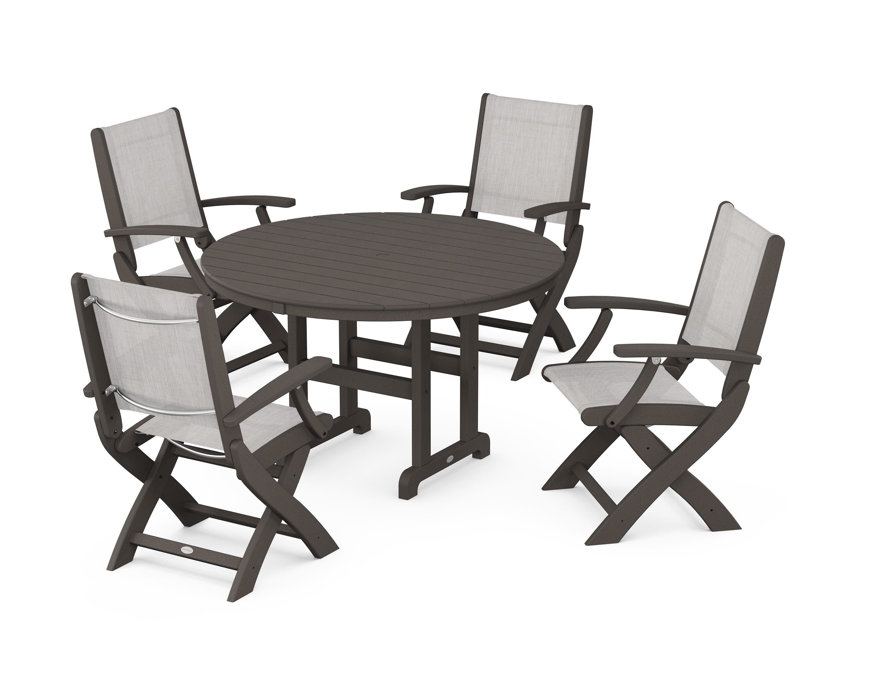 Coastal Folding Chair 5-Piece Round Dining Set in Vintage Coffee / Parchment Sling