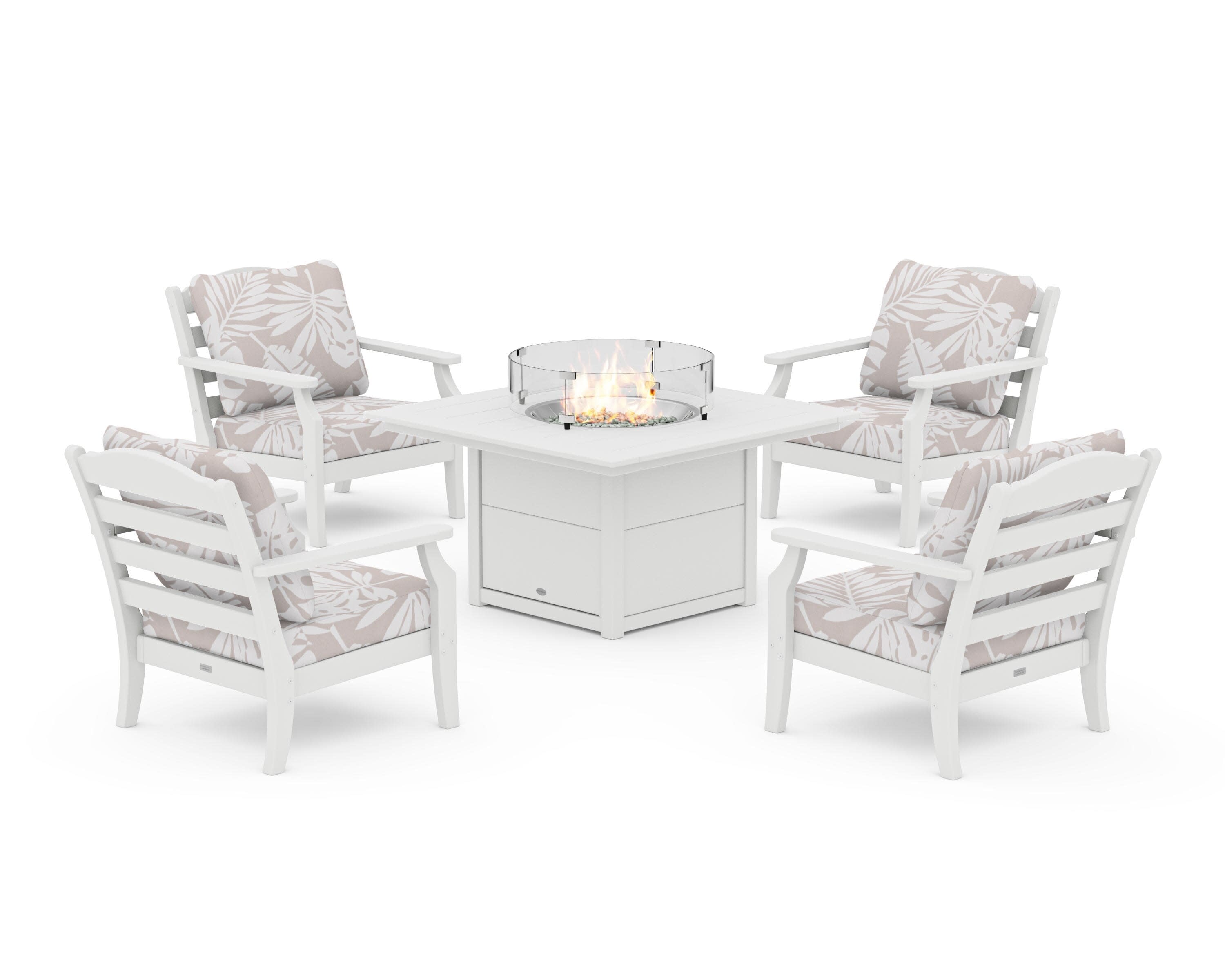 Savannah 5-Piece Deep Seating Set with Fire Pit Table in White / Leaf Dune Burlap