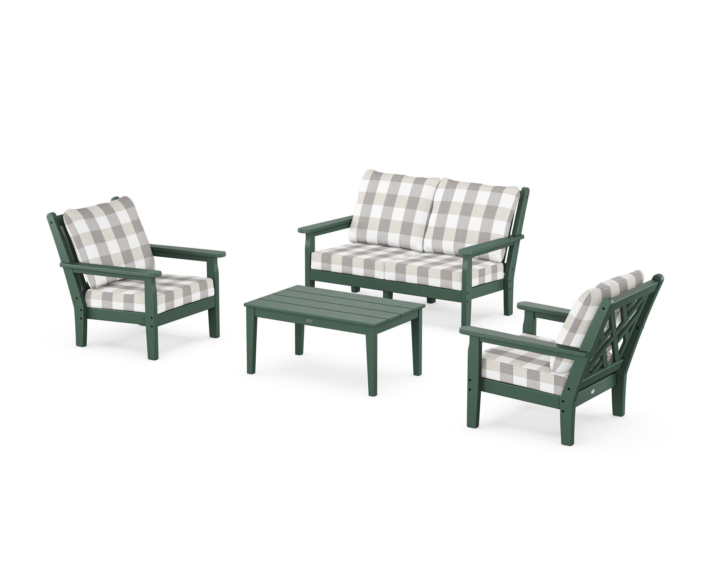 Chippendale 4-Piece Deep Seating Set with Loveseat in Green / Buffalo Plaid Grey Mist