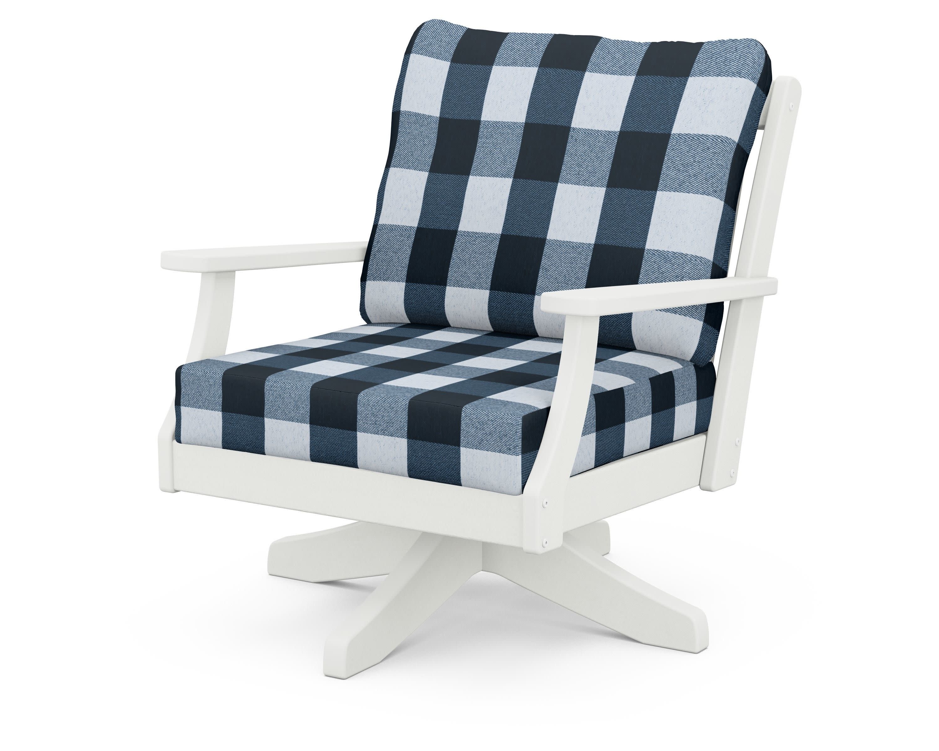 Braxton Deep Seating Swivel Chair in Vintage White / Buffalo Plaid Marine Indigo