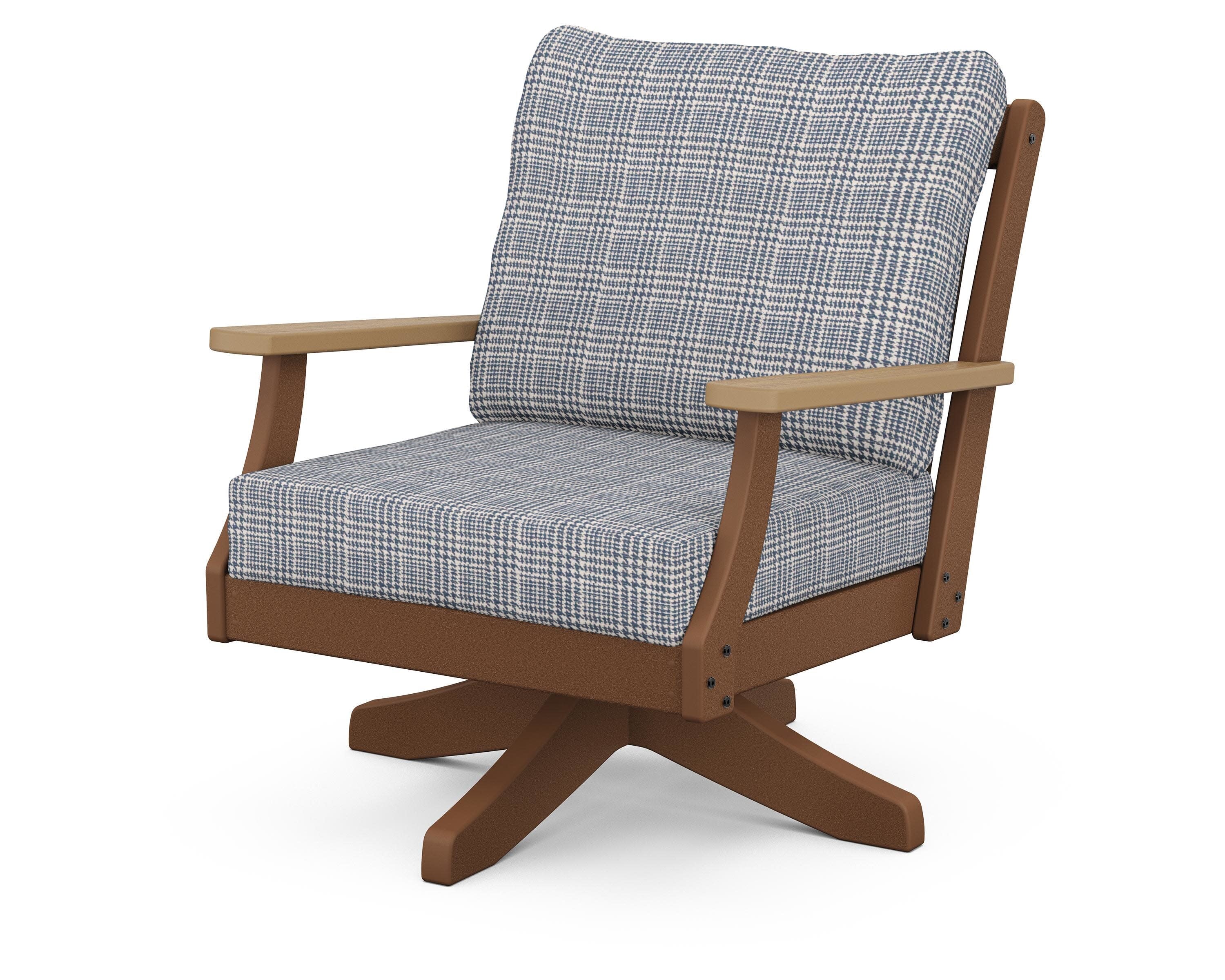 Braxton Deep Seating Swivel Chair in Teak / Natural / Houndstooth Sky Blue