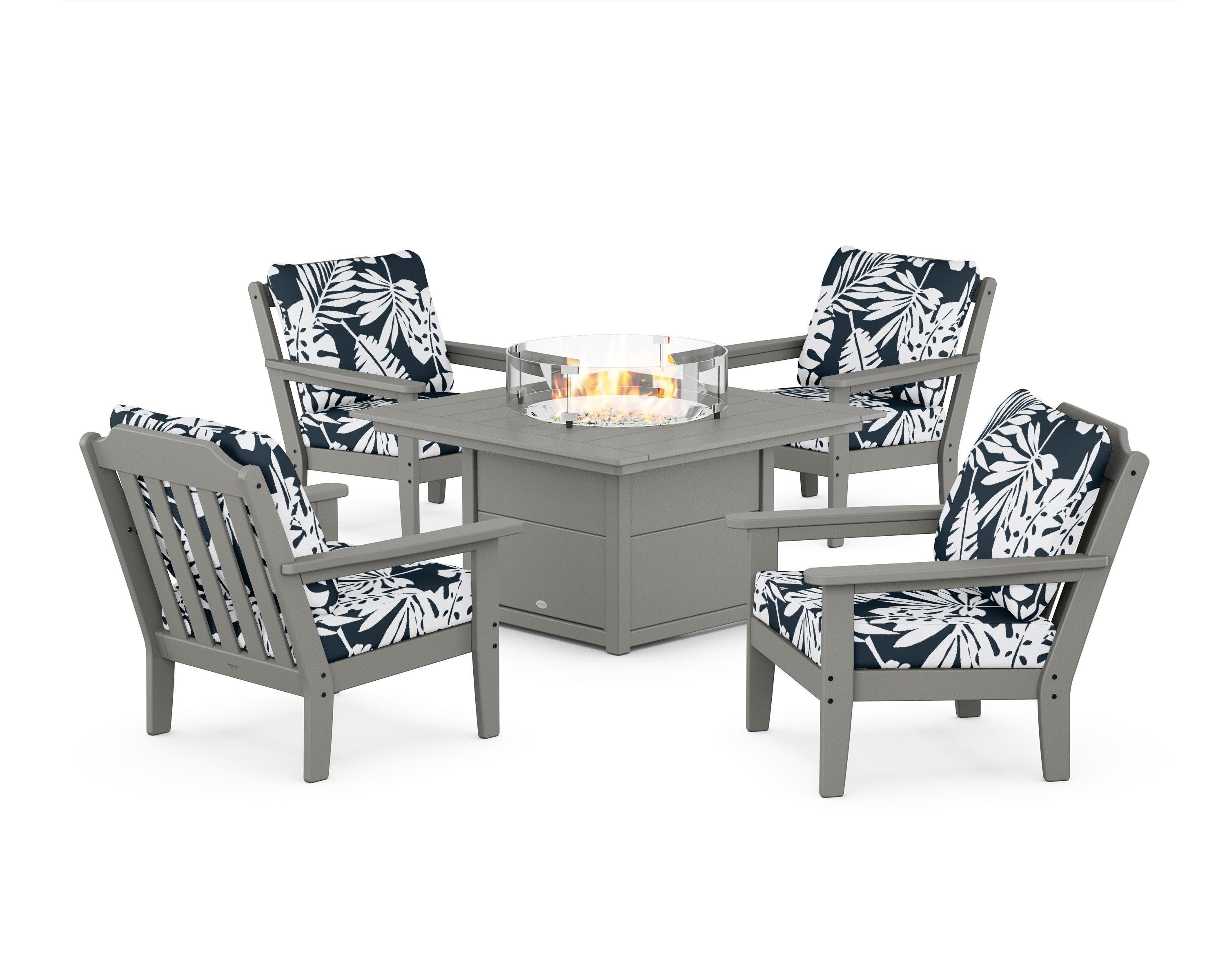 Cottage 5-Piece Deep Seating Set with Fire Pit Table in Slate Grey / Leaf Marine Indigo