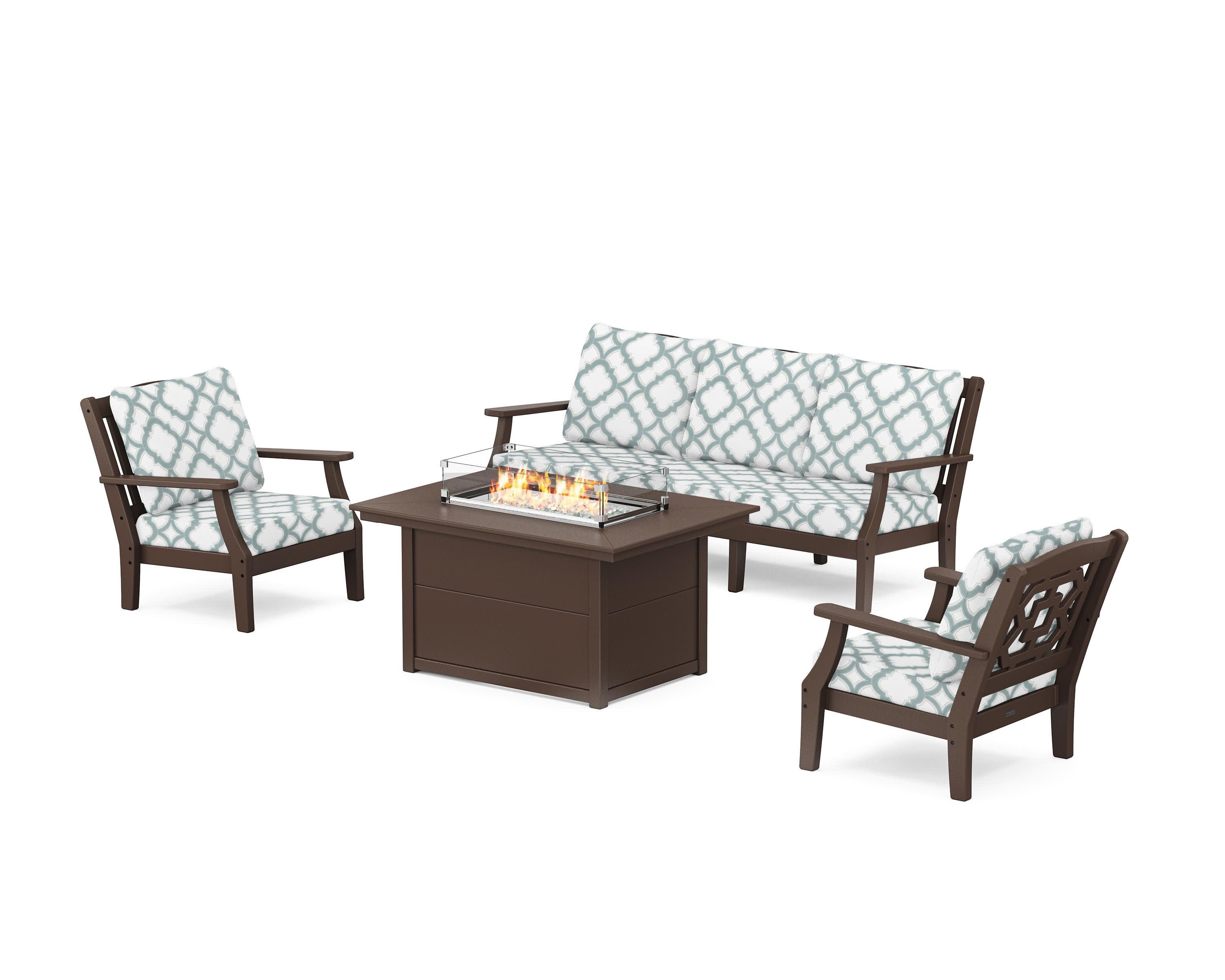 Chinoiserie Deep Seating Fire Pit Table Set in Mahogany / Trellis Glacier Spa
