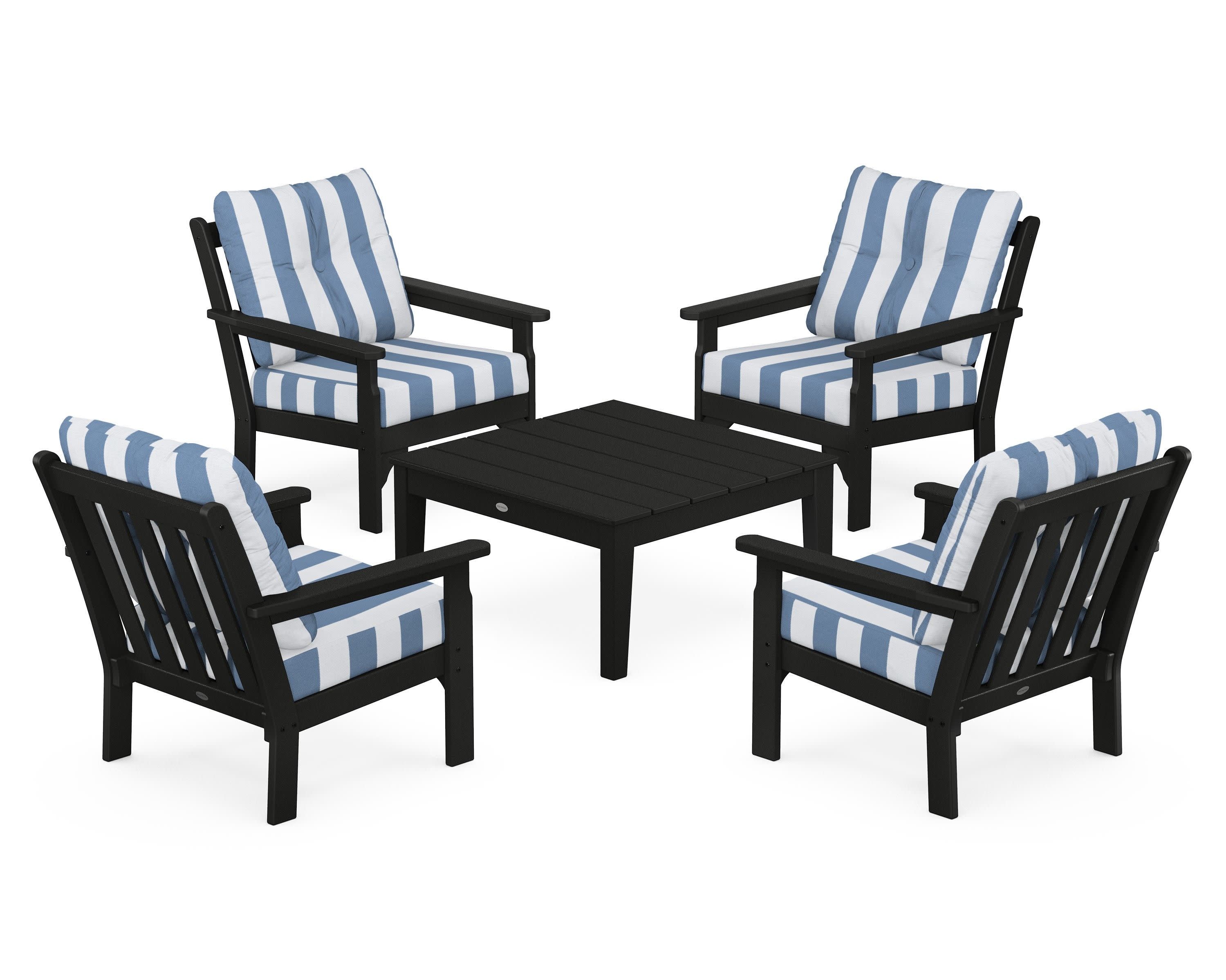 Vineyard 5-Piece Deep Seating Conversation Set in Black / Cabana Stripe Sky Blue