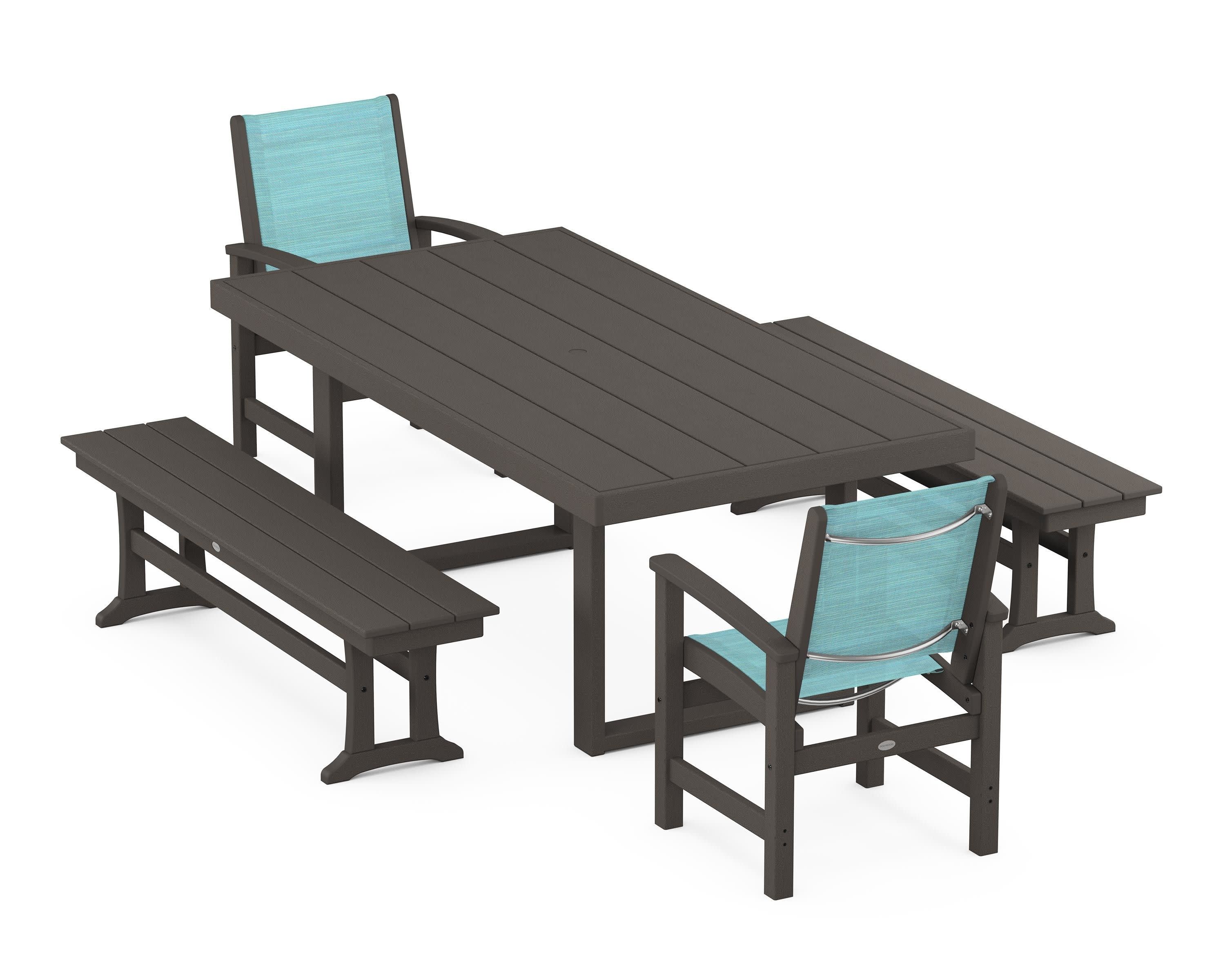 Coastal 5-Piece Dining Set with Trestle Legs in Vintage Coffee / Dupioni Aquamarine Sling