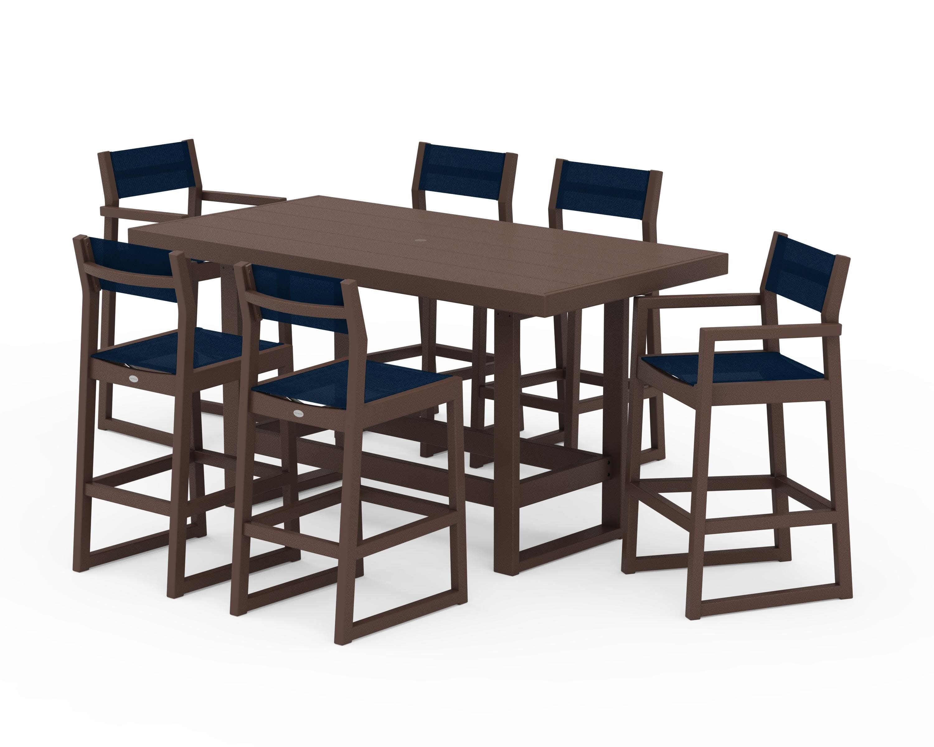 EDGE Sling 7-Piece Bar Table Set in Mahogany / Navy Blue Sling