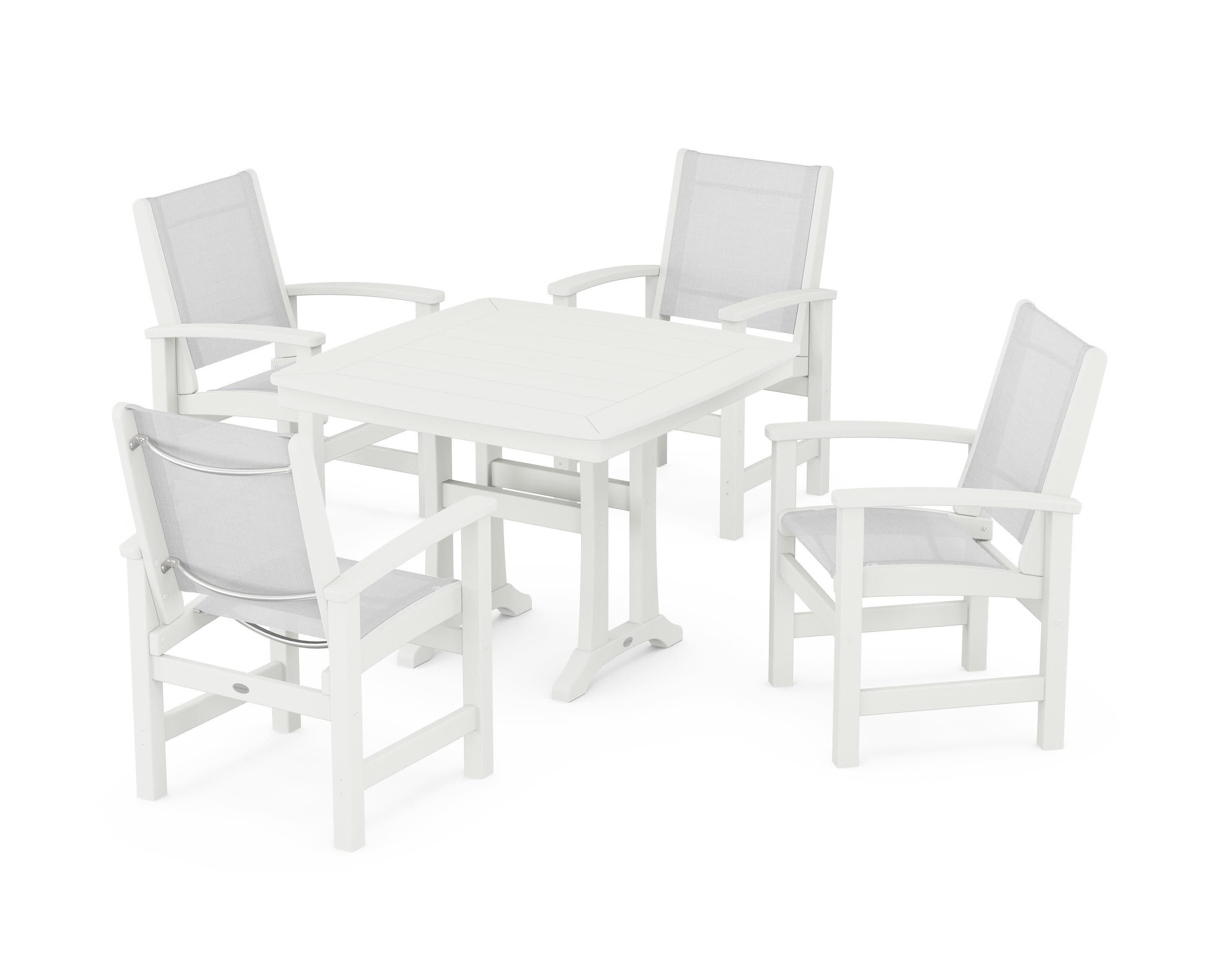 Coastal 5-Piece Dining Set with Trestle Legs in Vintage White / White Sling
