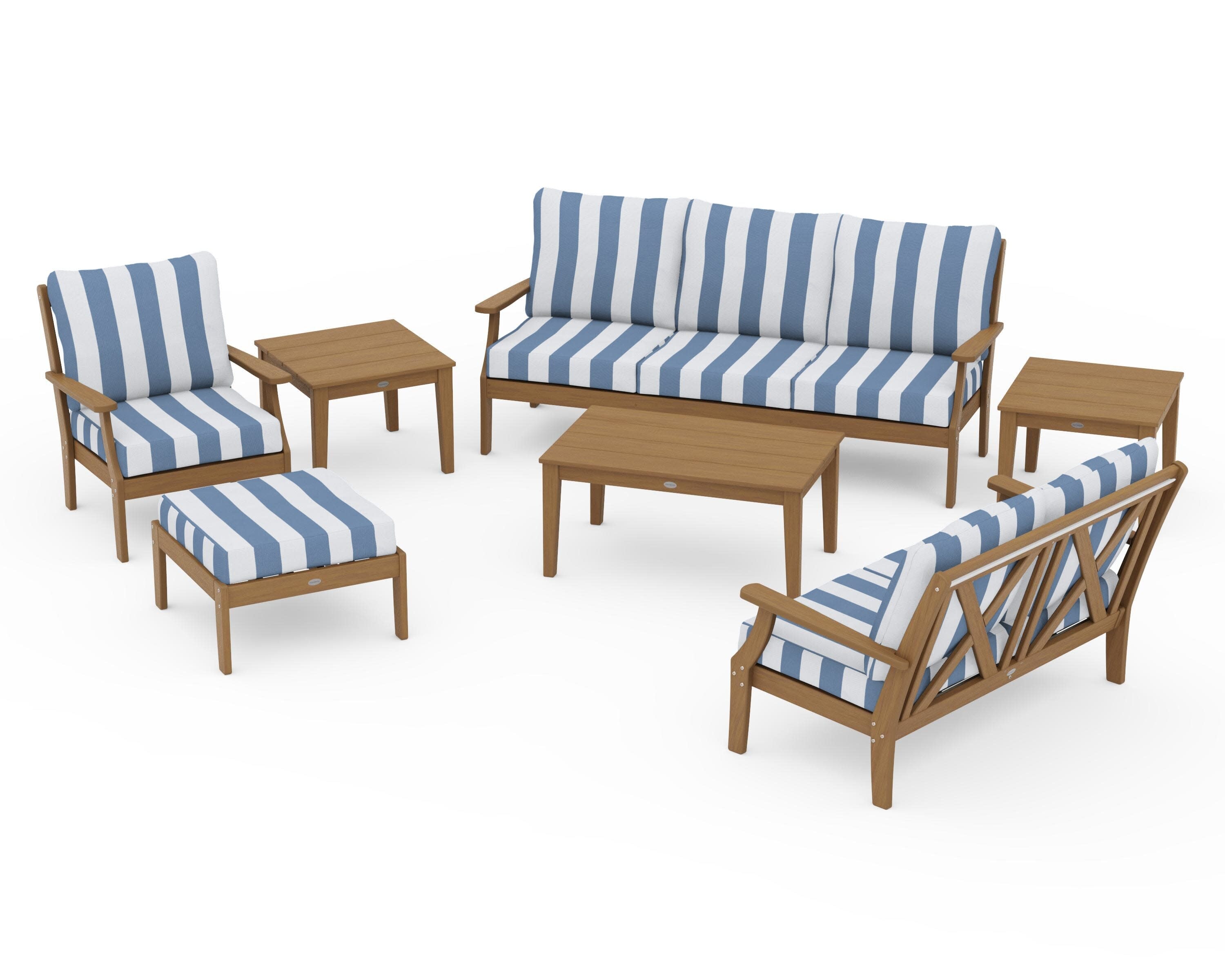 Braxton 7-Piece Deep Seating Set in Natural / Cabana Stripe Sky Blue