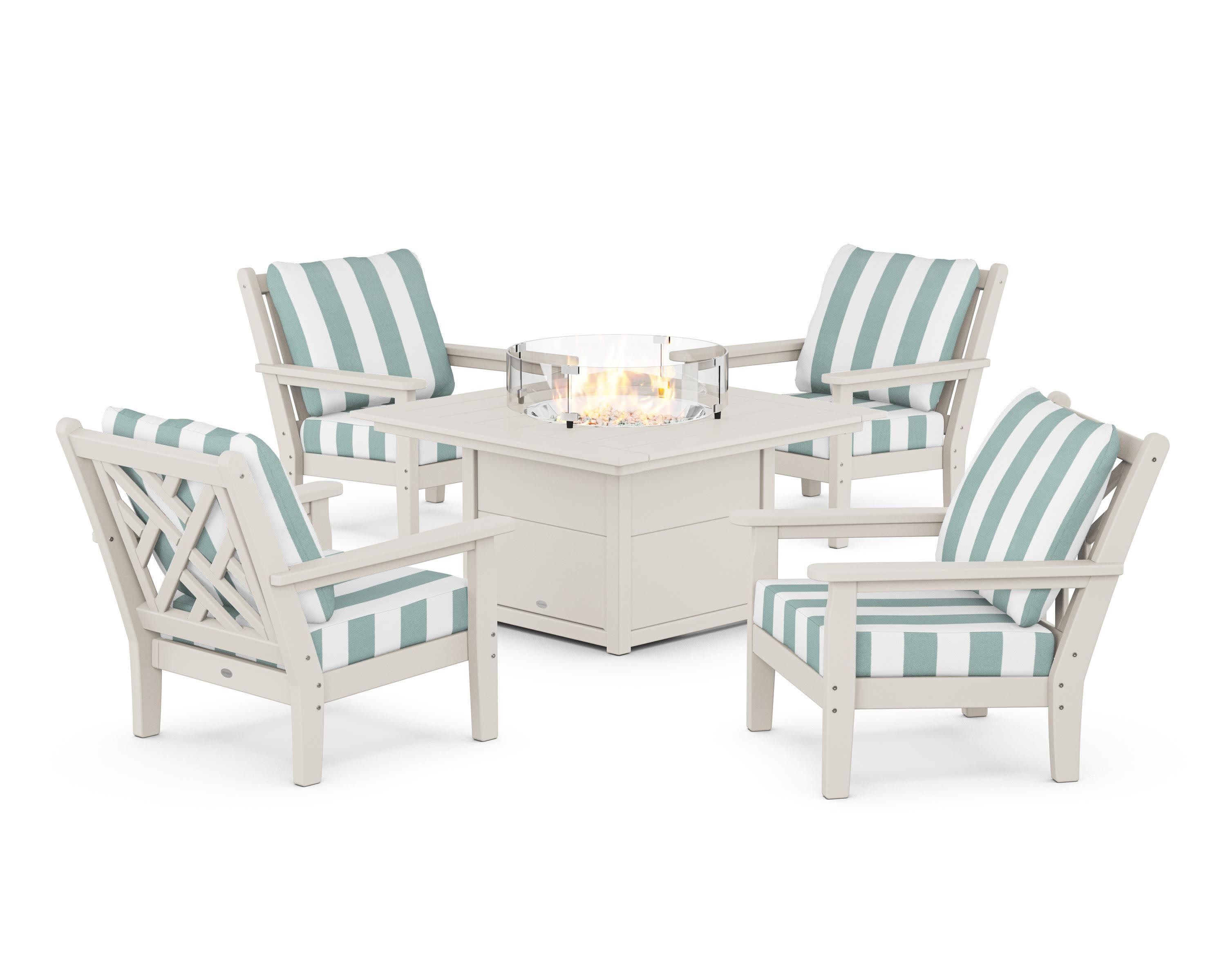 Chippendale 5-Piece Deep Seating Set with Fire Pit Table in Sand / Cabana Stripe Glacier Spa
