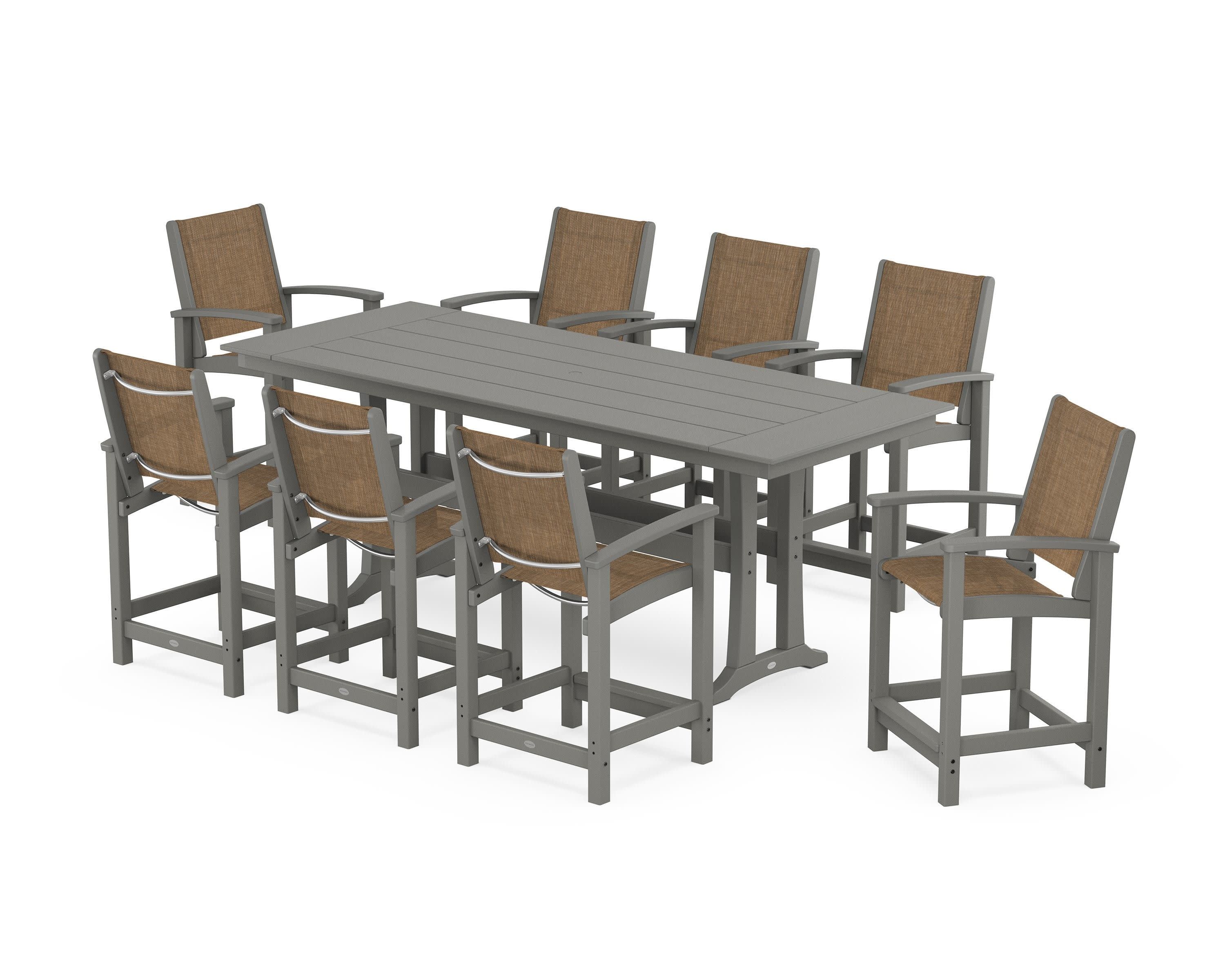 Coastal 9-Piece Farmhouse Counter Set with Trestle Legs in Slate Grey / Burlap Sling