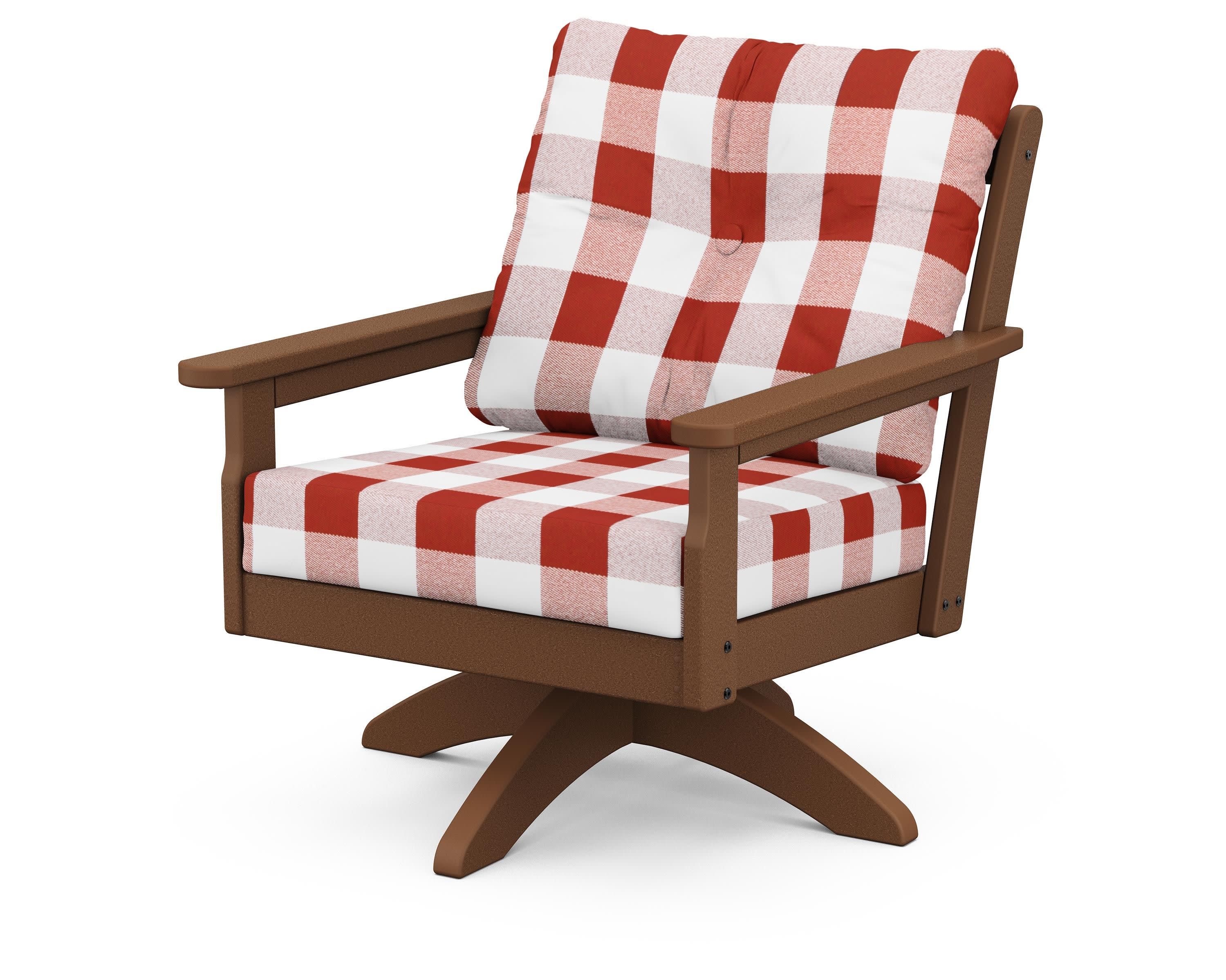 Vineyard Deep Seating Swivel Chair in Teak / Buffalo Plaid Crimson