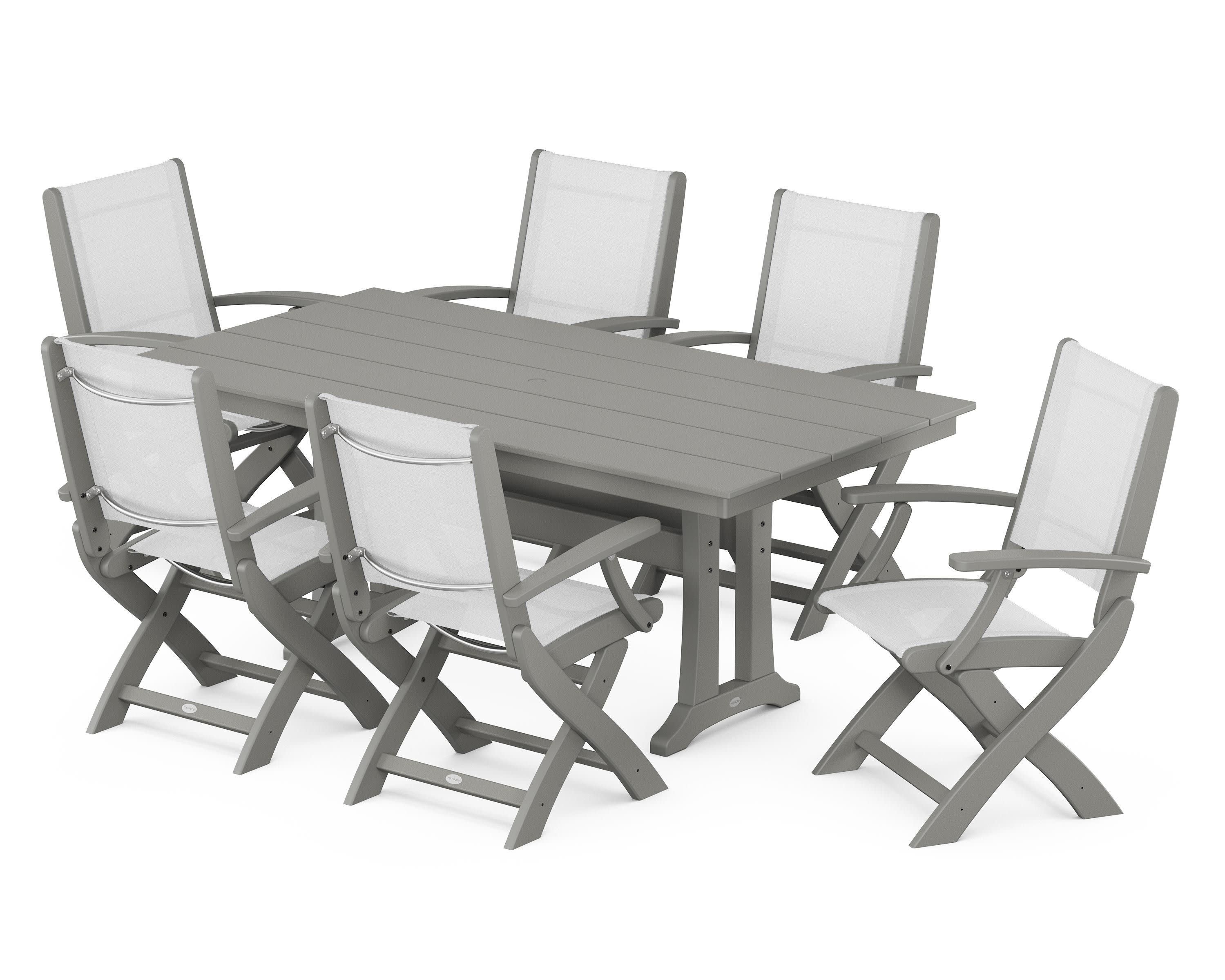 Coastal Folding Arm Chair 7-Piece Farmhouse Dining Set with Trestle Legs in Slate Grey / White Sling