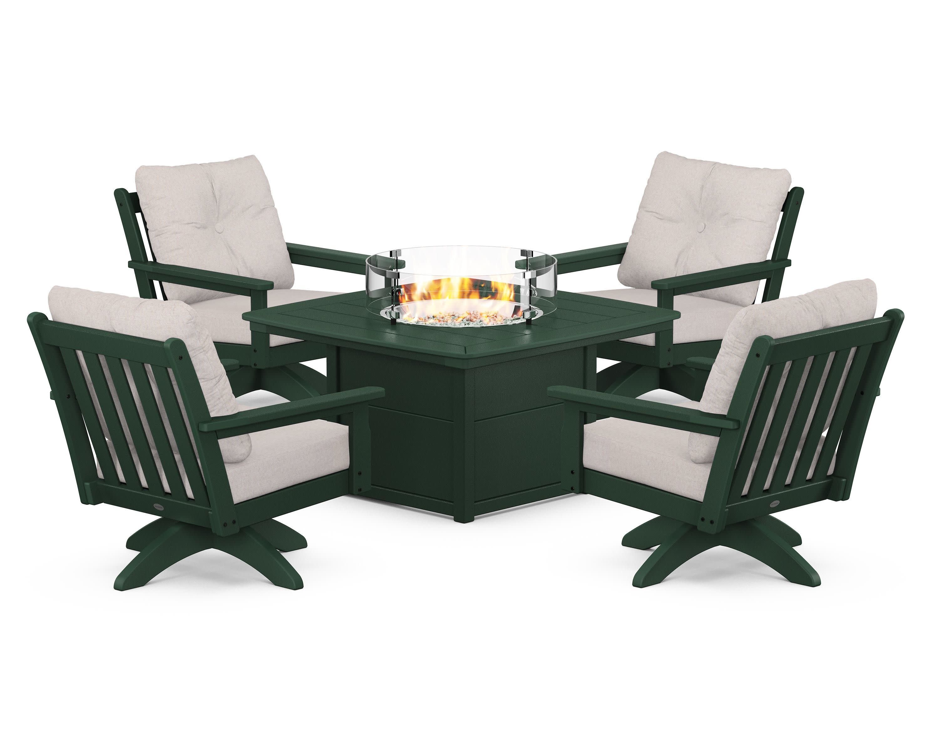 Vineyard 5-Piece Deep Seating Swivel Conversation Set with Fire Pit Table in Green / Dune Burlap