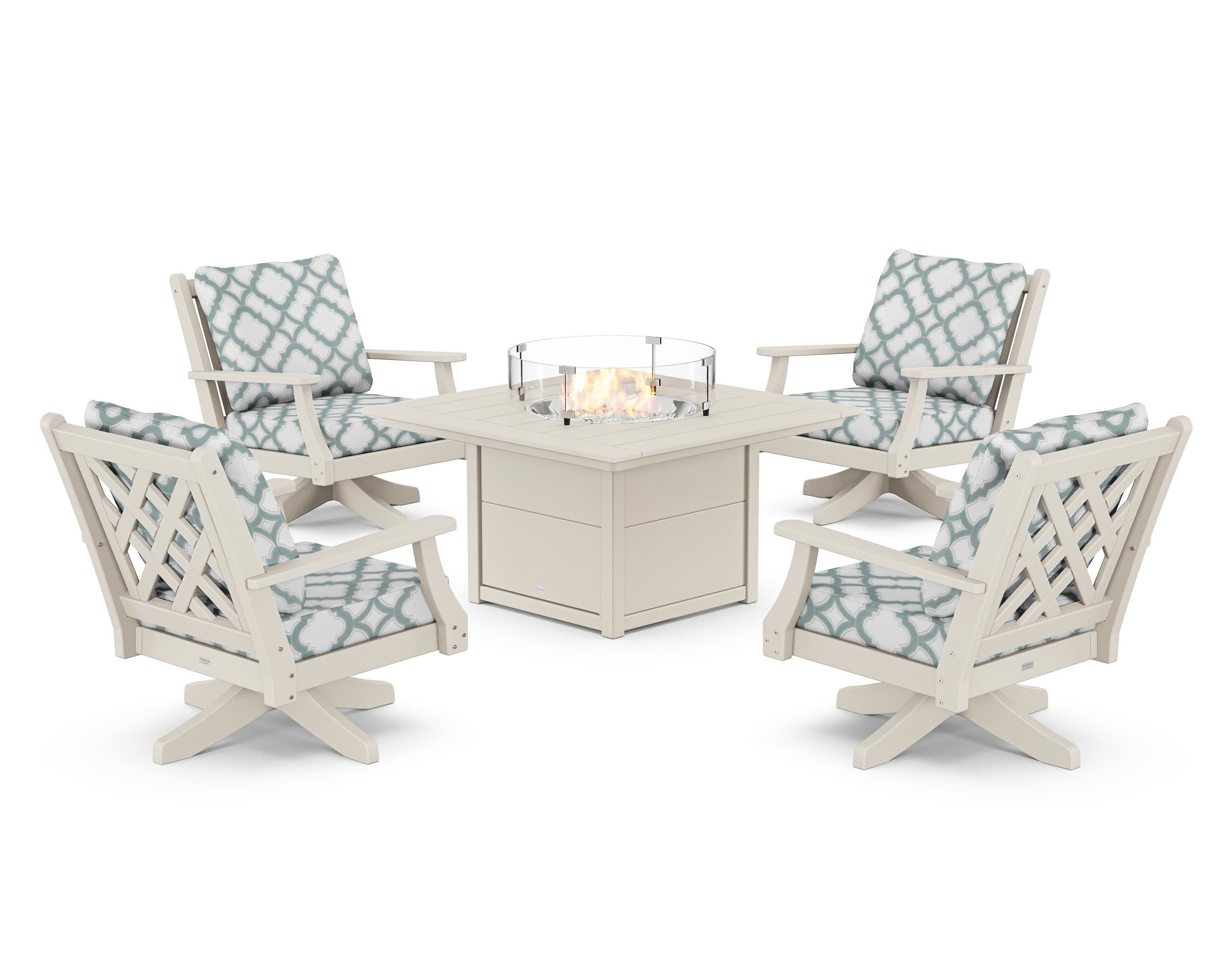 Wovendale 5-Piece Deep Seating Swivel Conversation Set with Fire Pit Table in Sand / Trellis Glacier Spa