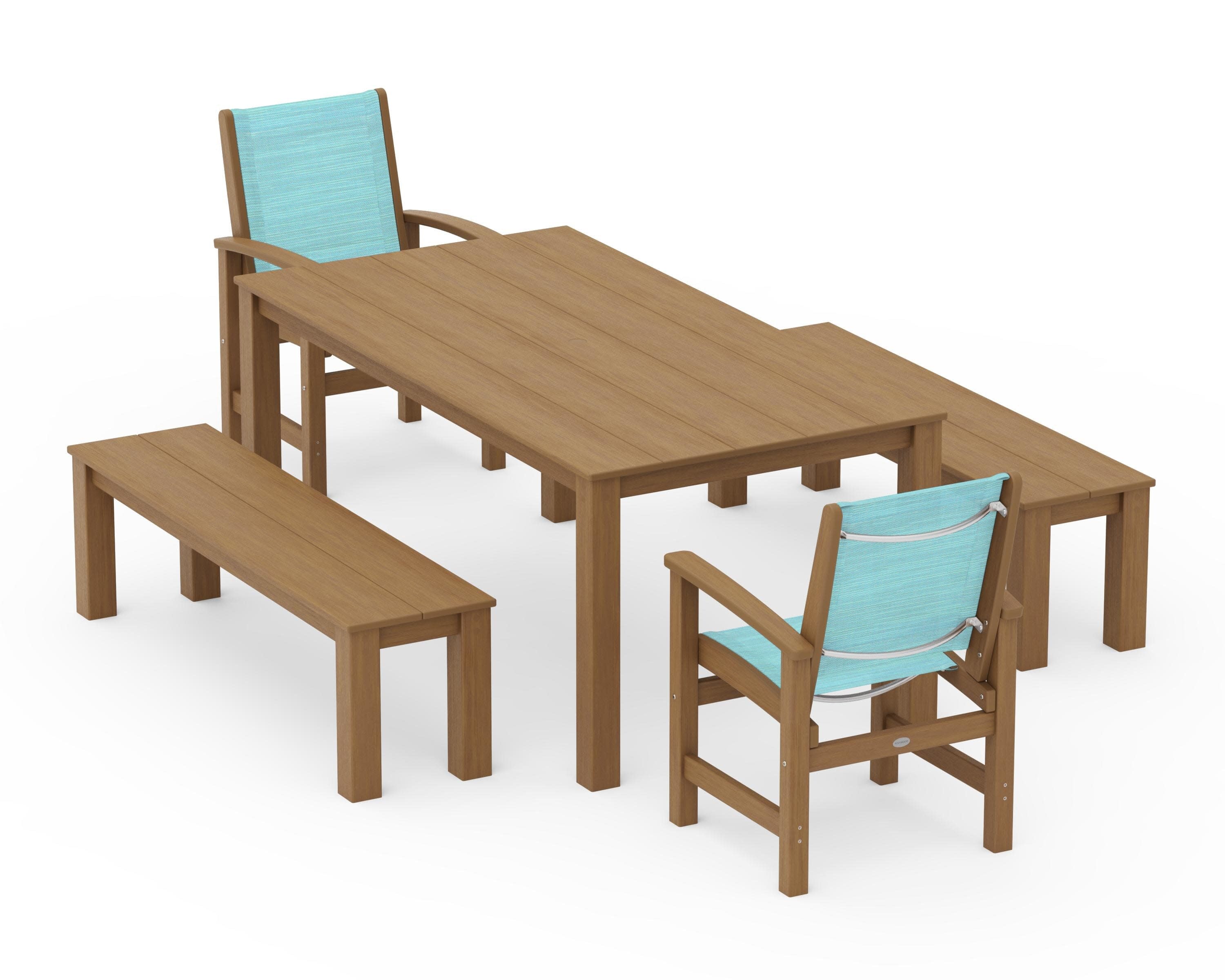Coastal 5-Piece Parsons Dining Set with Benches in Natural / Dupioni Aquamarine Sling