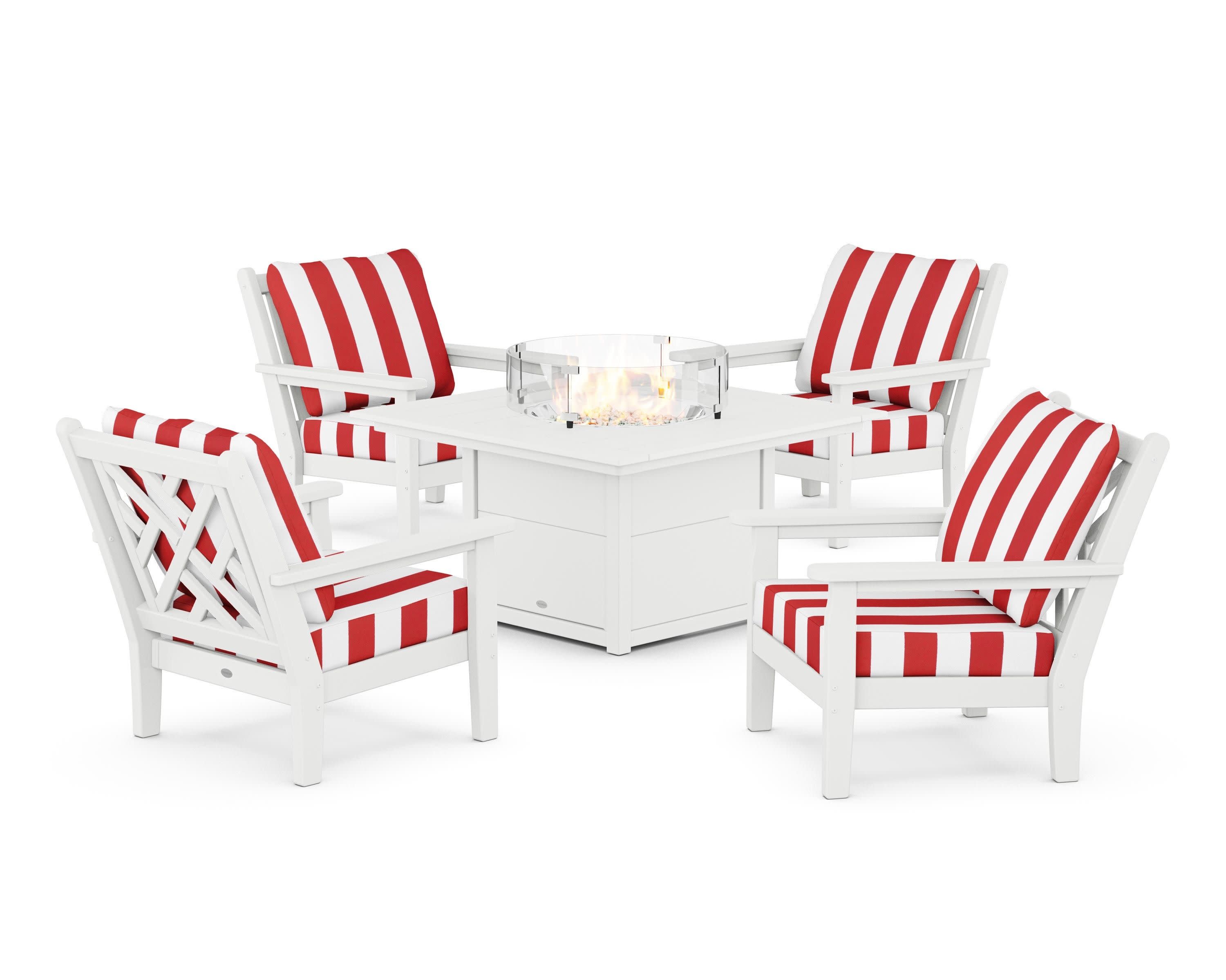Chippendale 5-Piece Deep Seating Set with Fire Pit Table in White / Cabana Stripe Crimson