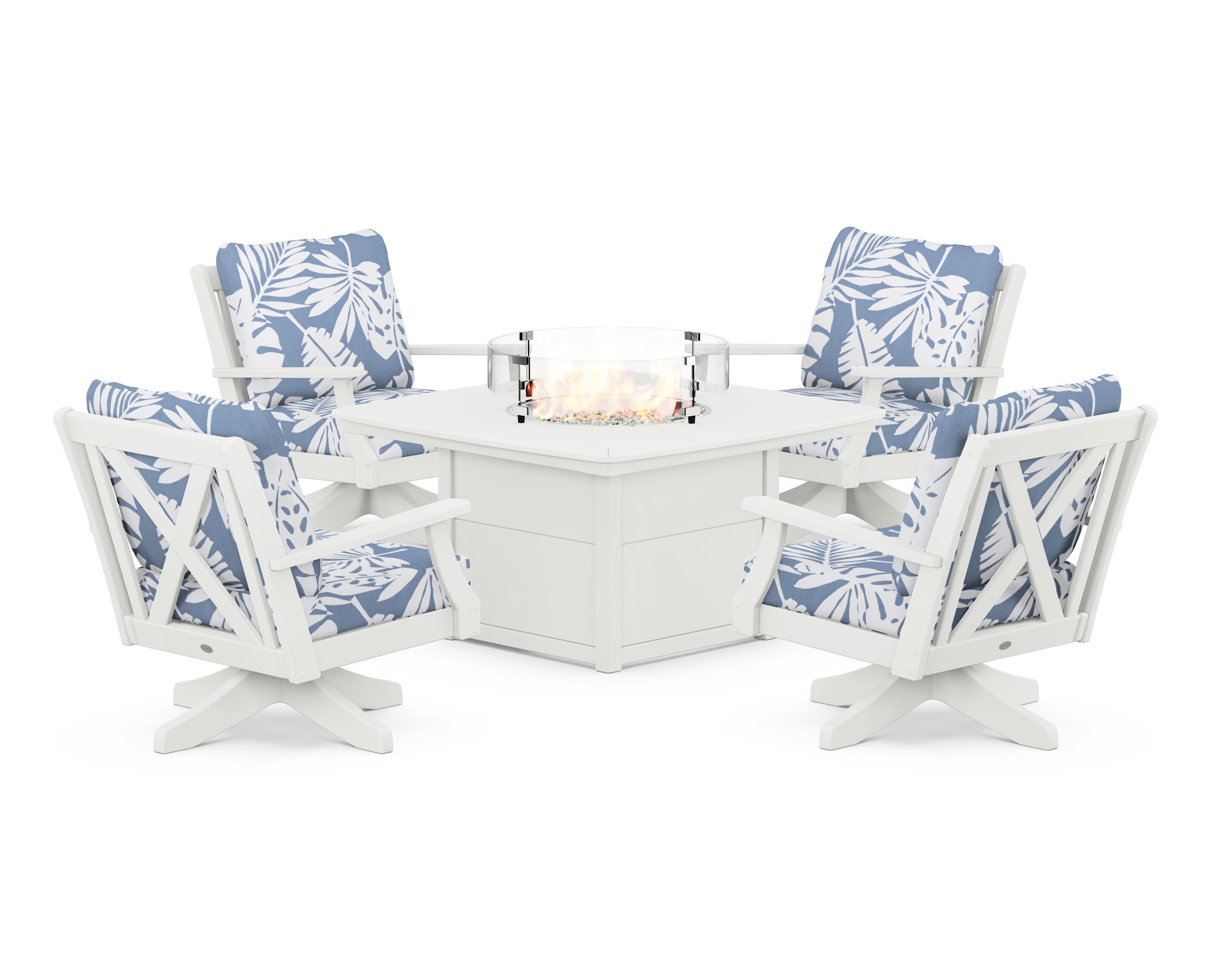 Braxton 5-Piece Deep Seating Swivel Conversation Set with Fire Pit Table in Vintage White / Leaf Sky Blue