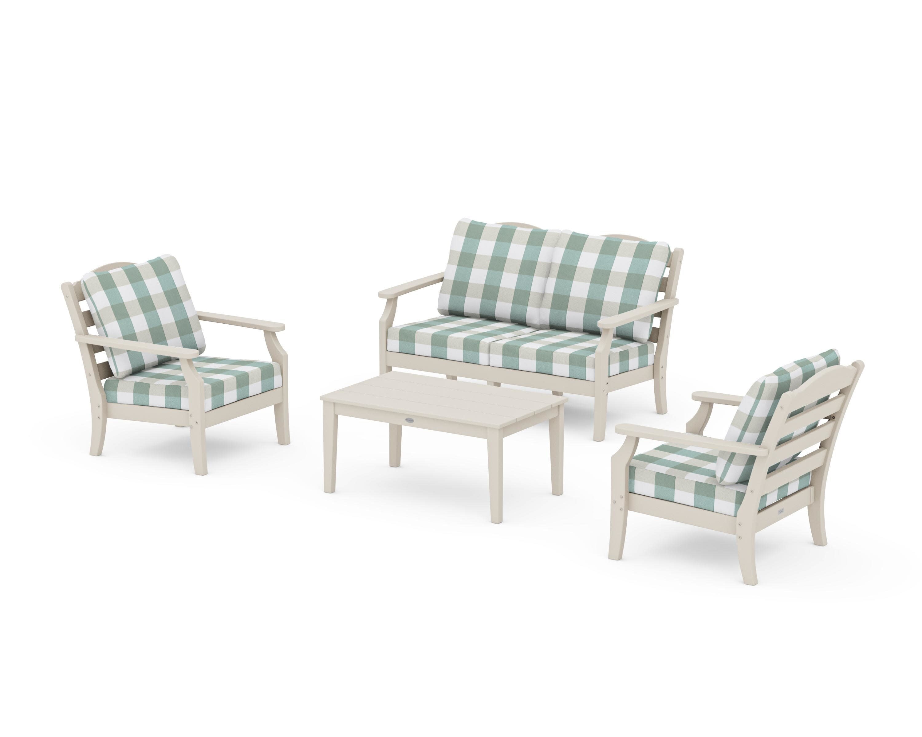 Savannah 4-Piece Deep Seating Set with Loveseat in Sand / Buffalo Plaid Glacier Spa