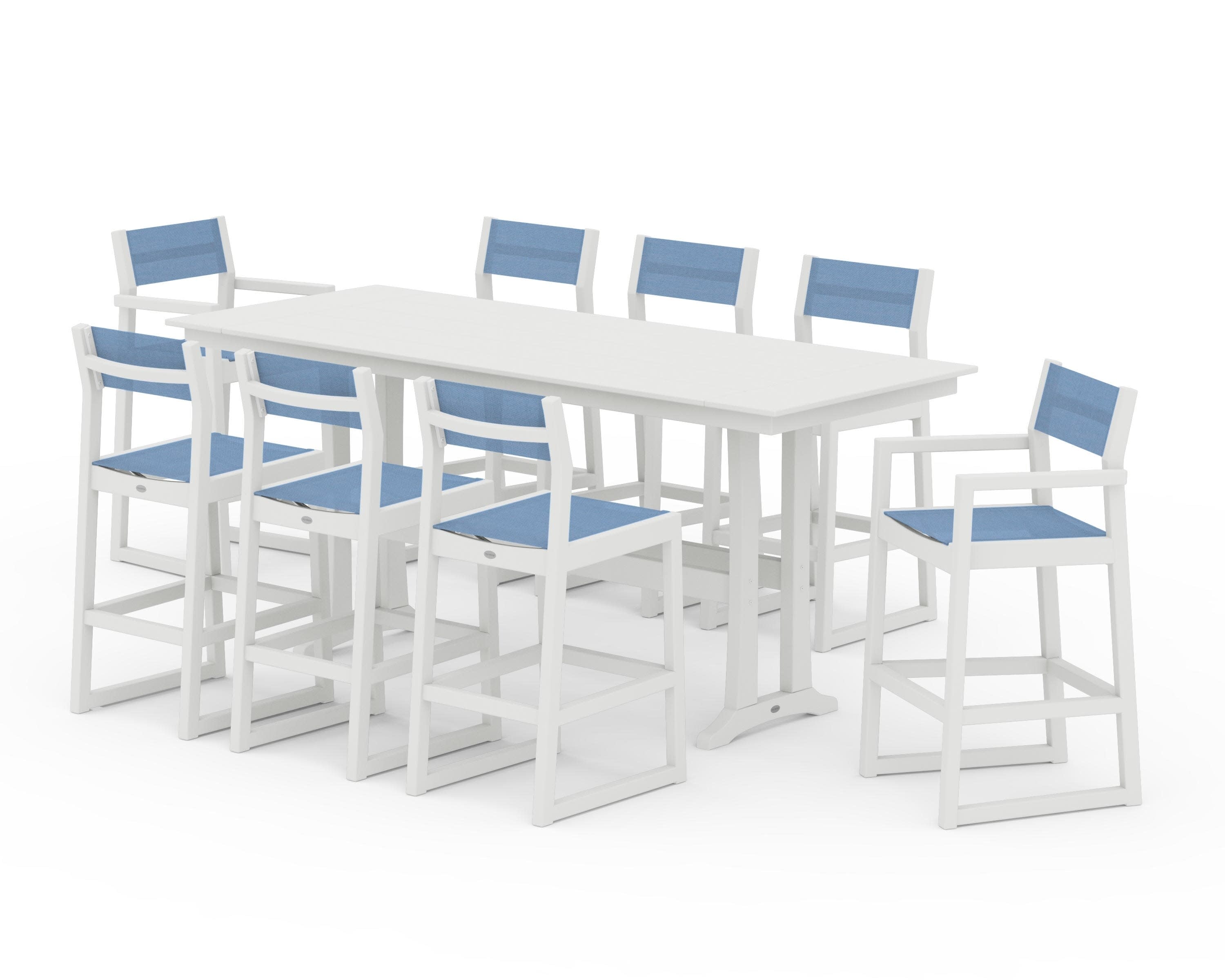 EDGE Sling 9-Piece Farmhouse Bar Set with Trestle Legs in Vintage White / Poolside Sling