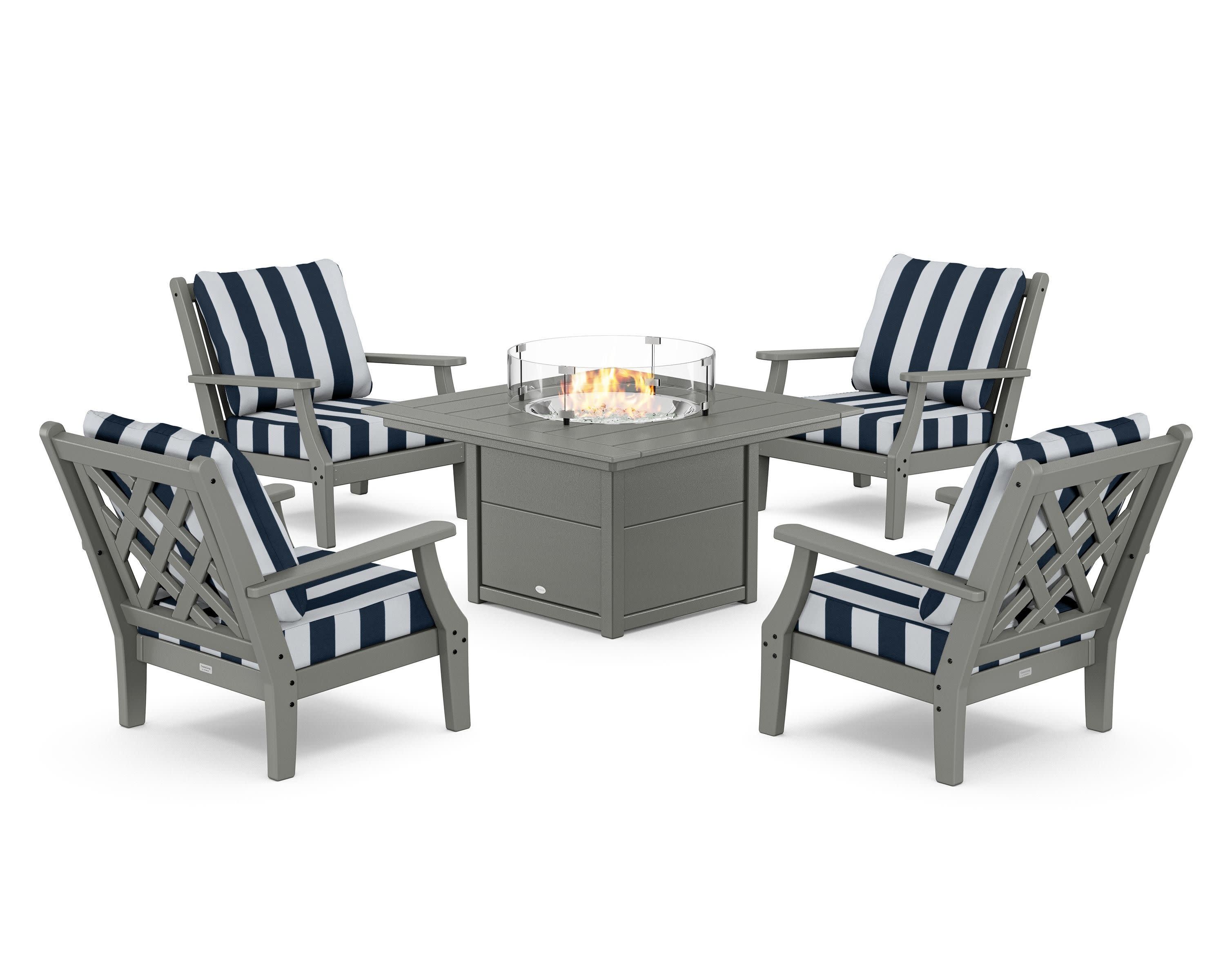 Wovendale 5-Piece Deep Seating Set with Fire Pit Table in Slate Grey / Cabana Stripe Marine Indigo