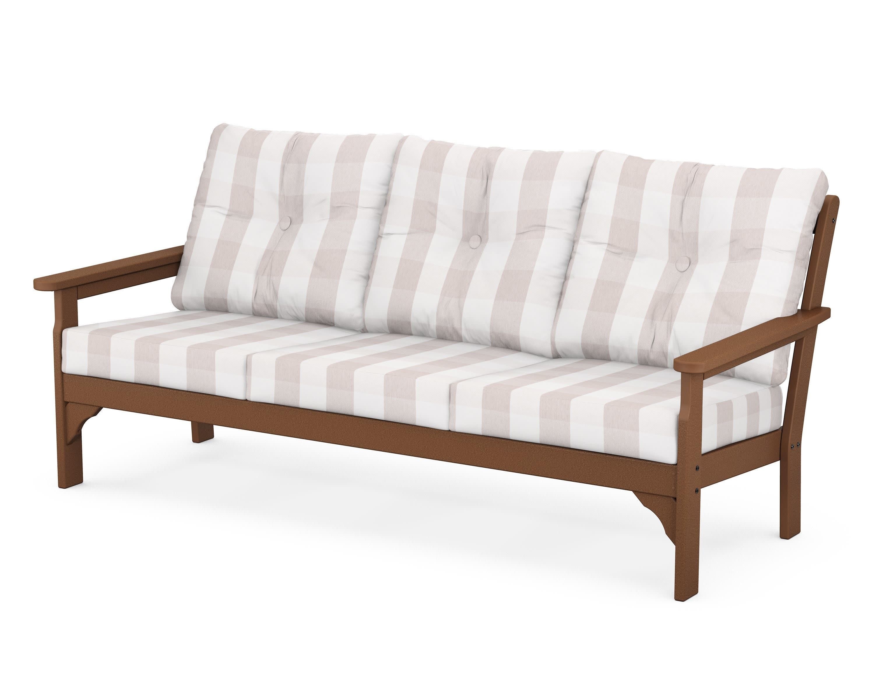 Vineyard Deep Seating Sofa in Teak / Buffalo Plaid Dune Burlap