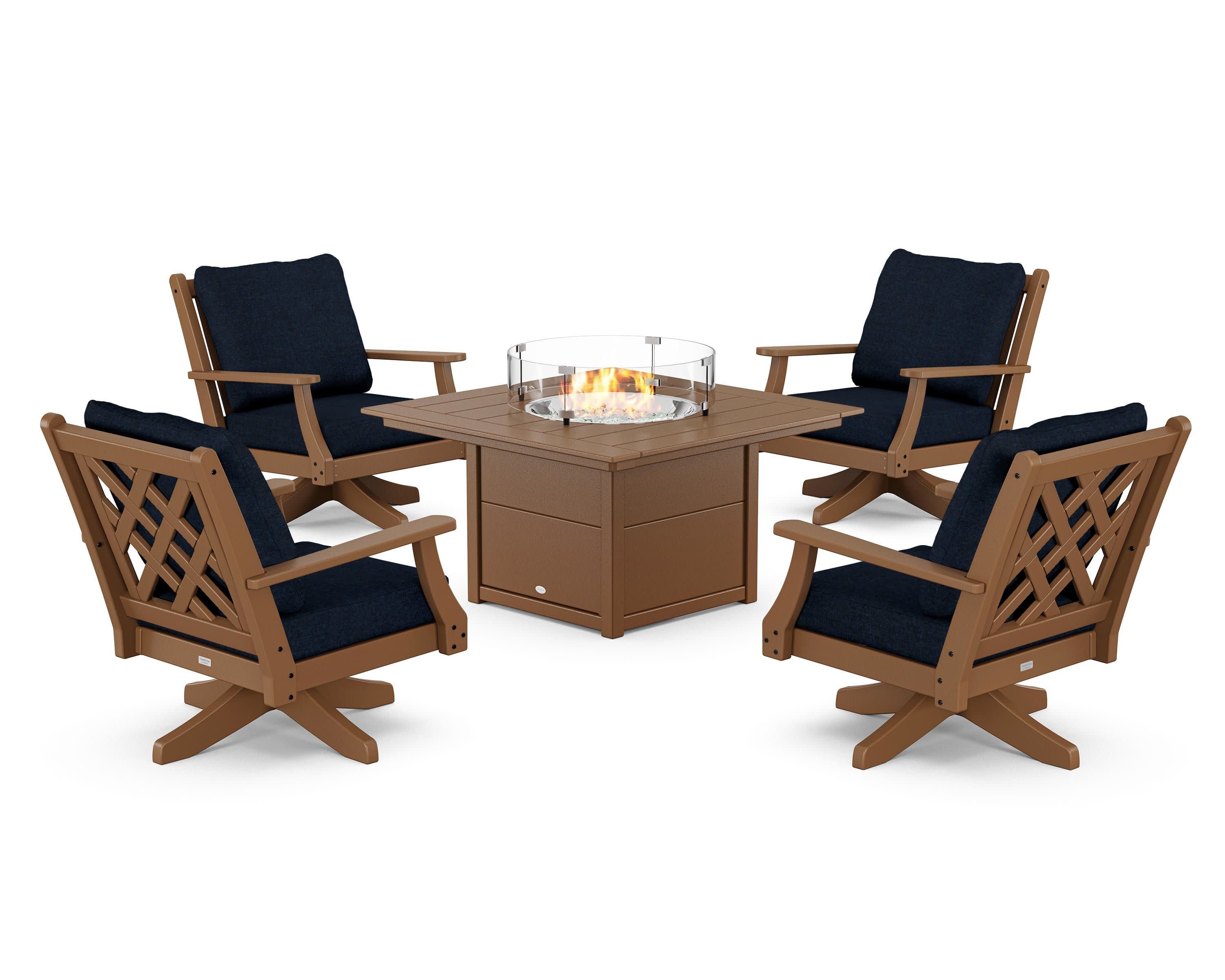 Wovendale 5-Piece Deep Seating Swivel Conversation Set with Fire Pit Table in Teak / Marine Indigo