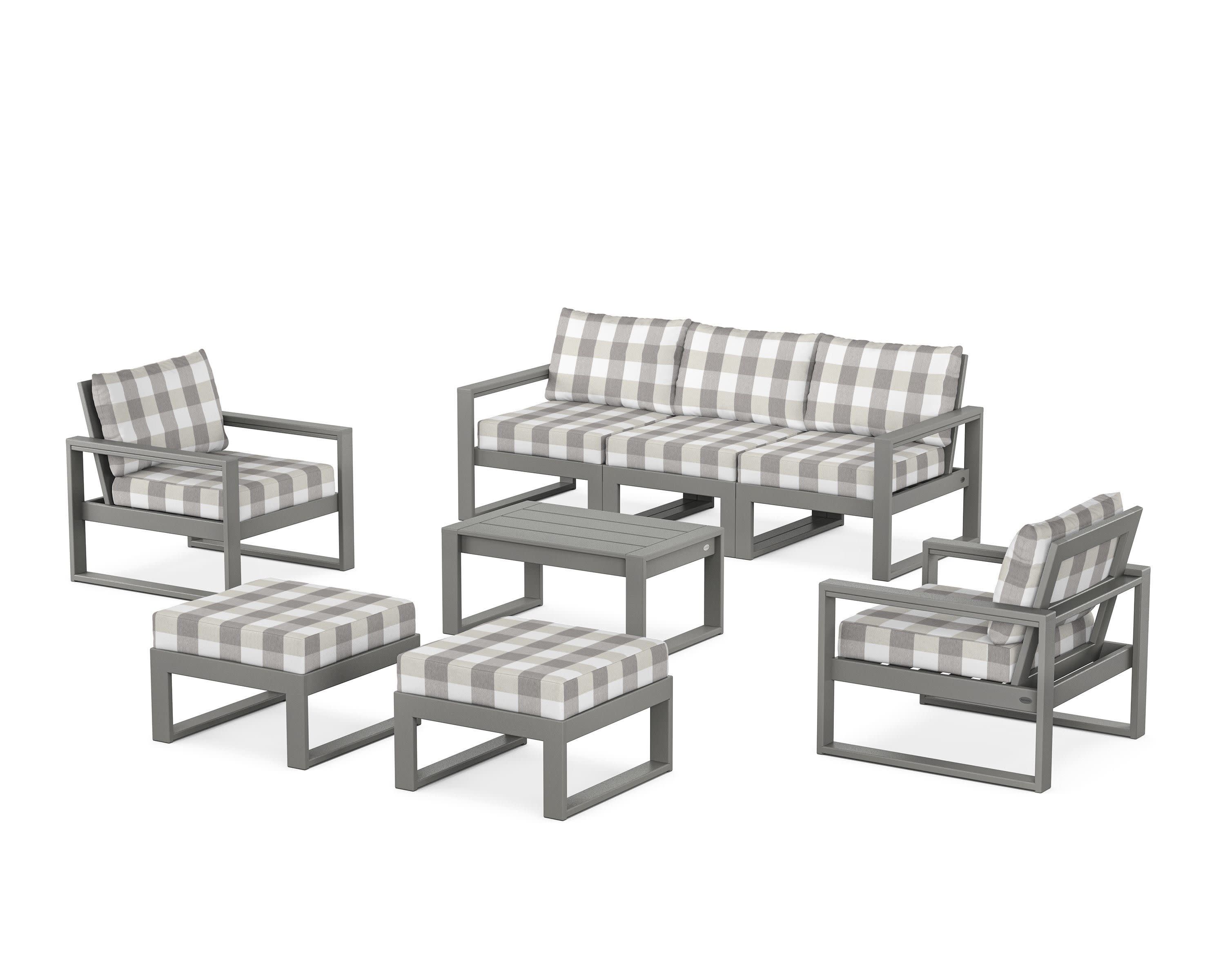 EDGE Sectional 8-Piece Lounge Sofa Set in Slate Grey / Buffalo Plaid Grey Mist
