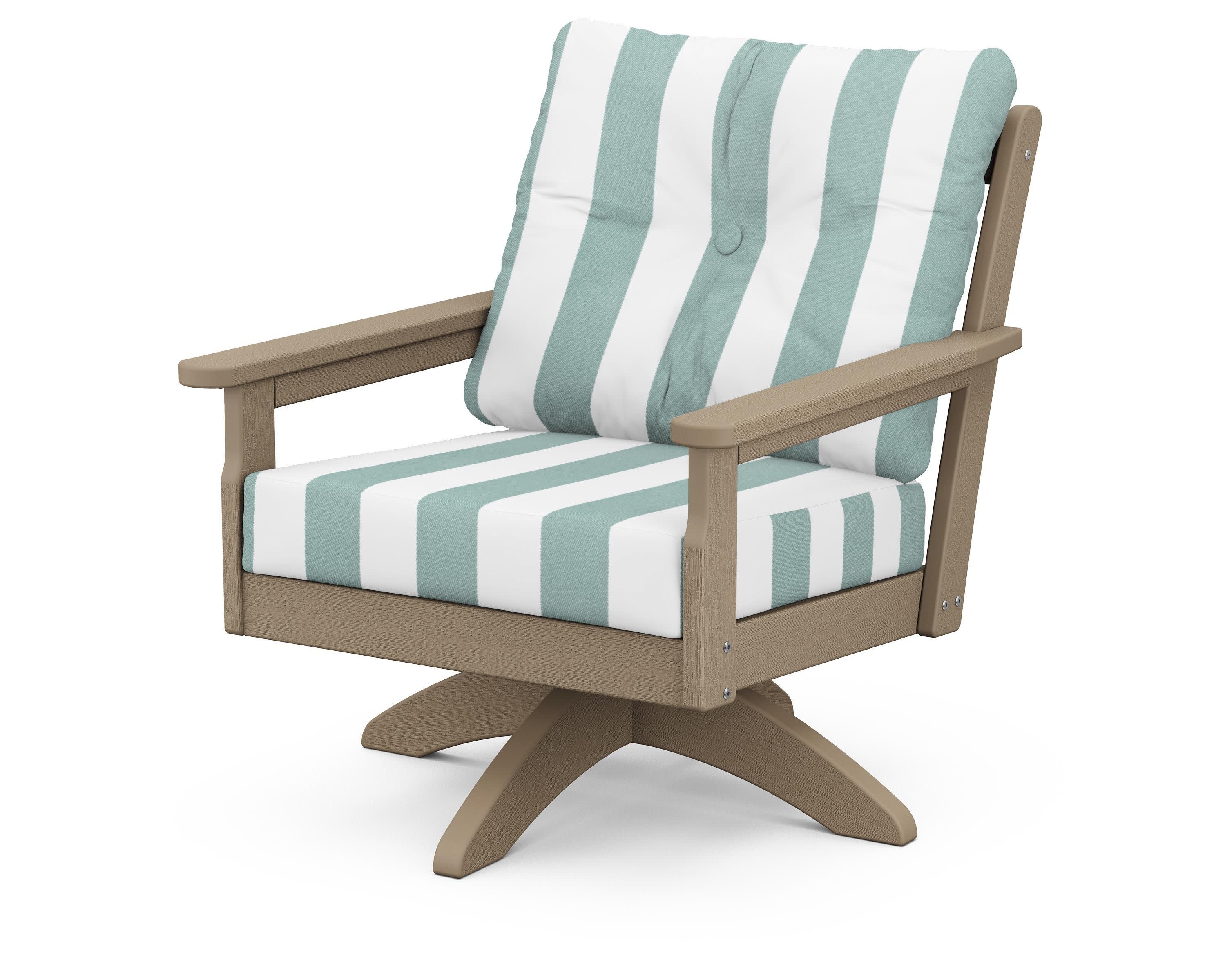 Vineyard Deep Seating Swivel Chair in Vintage Sahara / Cabana Stripe Glacier Spa