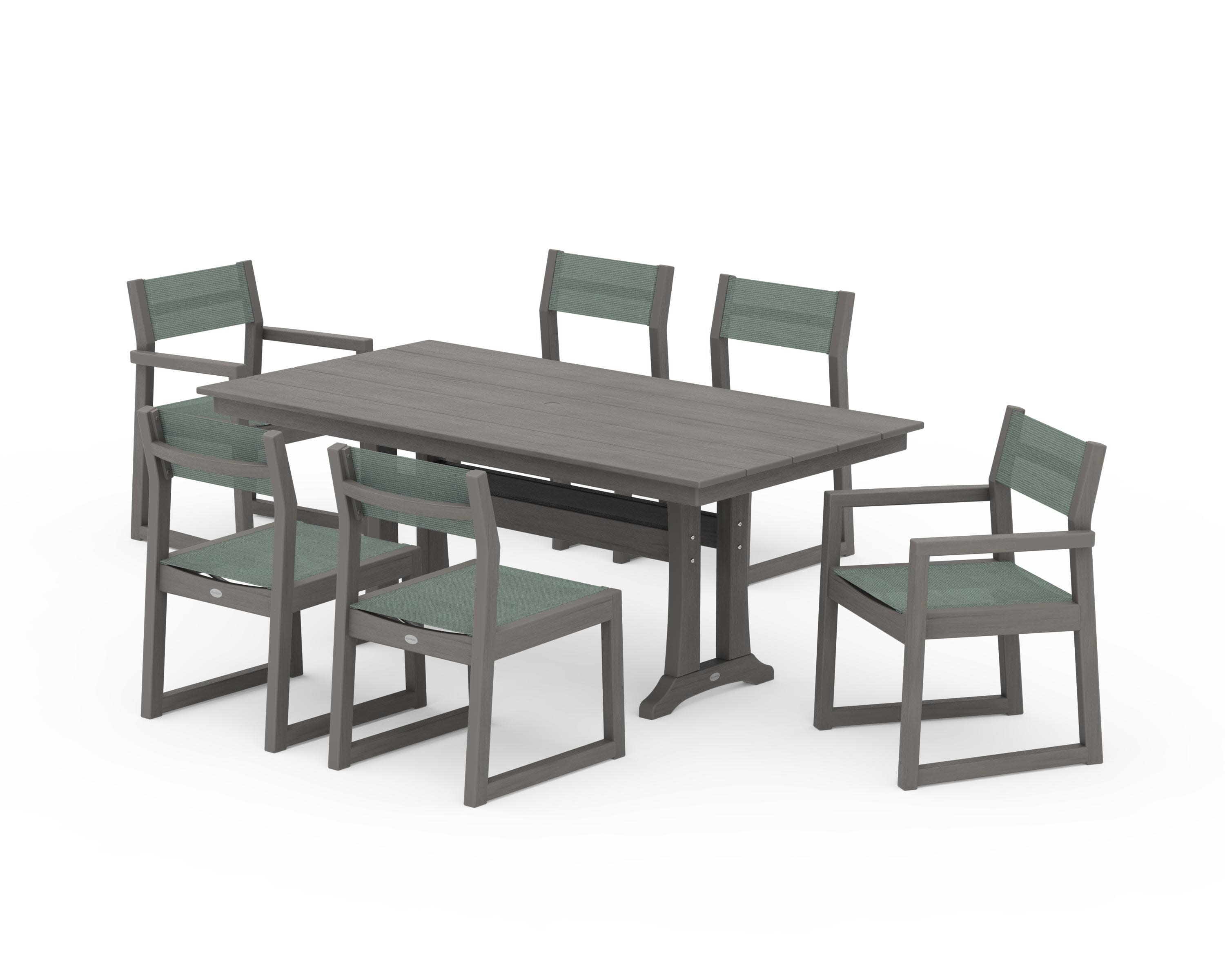 EDGE Sling 7-Piece Farmhouse Trestle Dining Set in Driftwood / Dupioni Sea Mist Sling