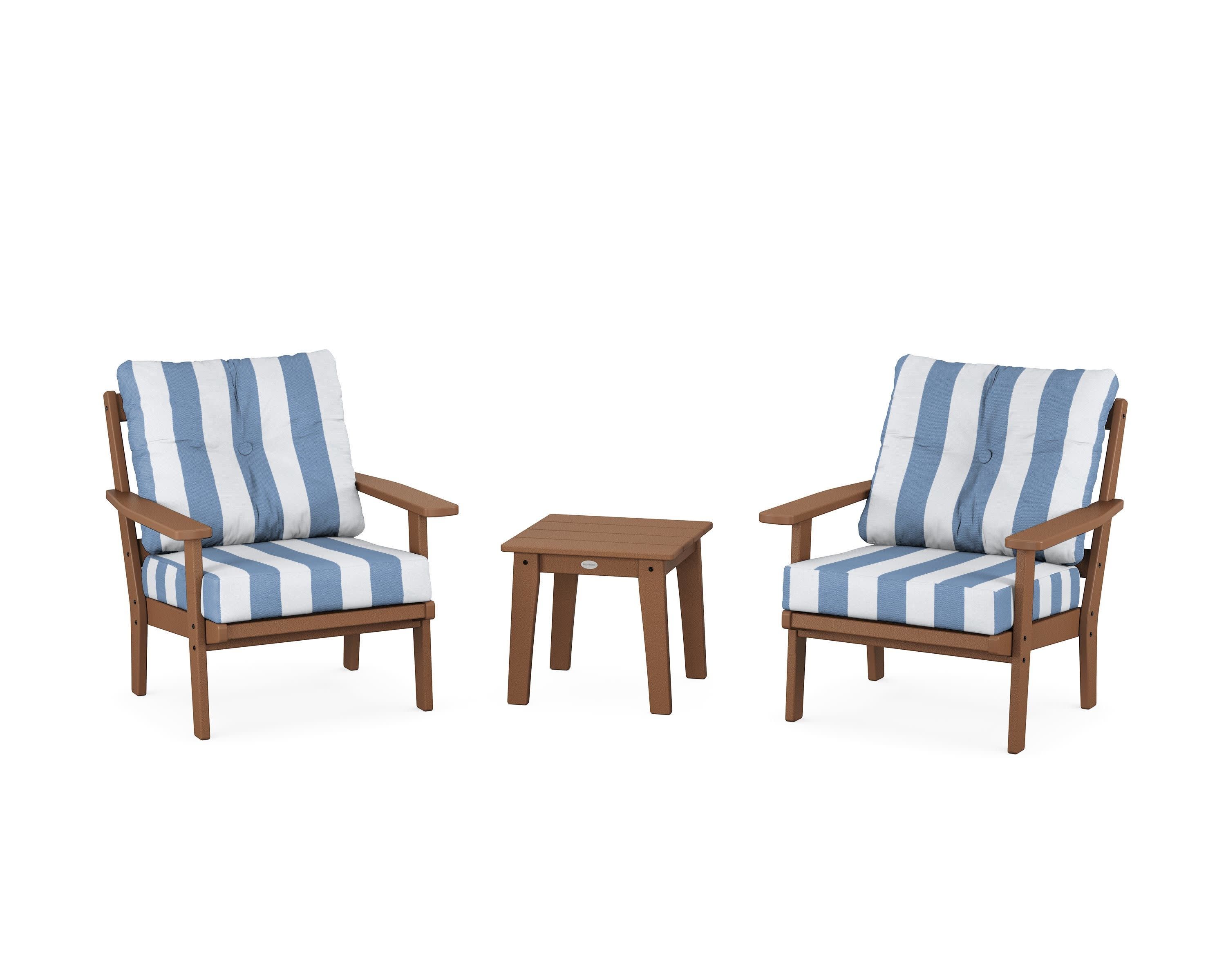 Oxford 3-Piece Deep Seating Set in Teak / Cabana Stripe Sky Blue