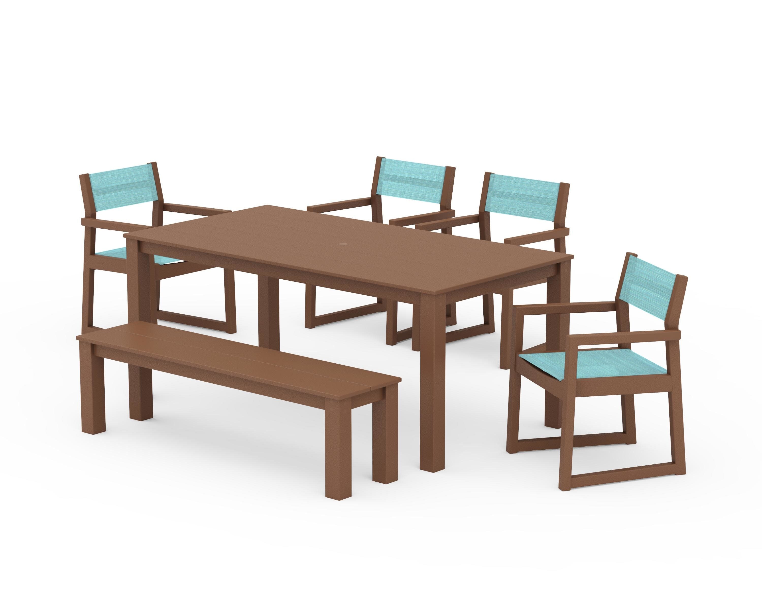 EDGE Sling Arm Chair 6-Piece Parsons Dining Set with Bench in Teak / Dupioni Aquamarine Sling