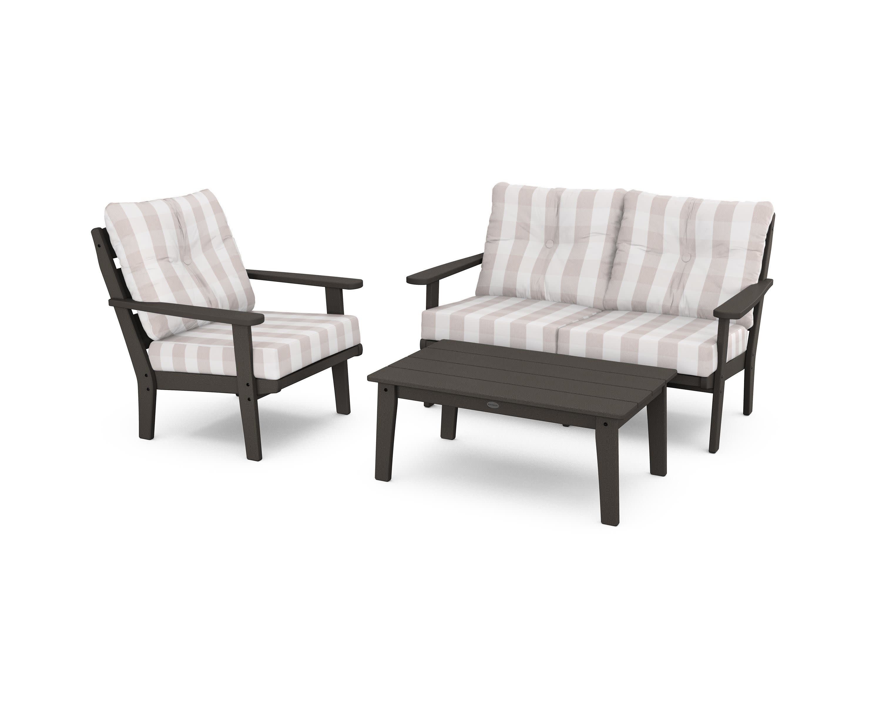 Lakeside 3-Piece Deep Seating Set in Vintage Coffee / Buffalo Plaid Dune Burlap