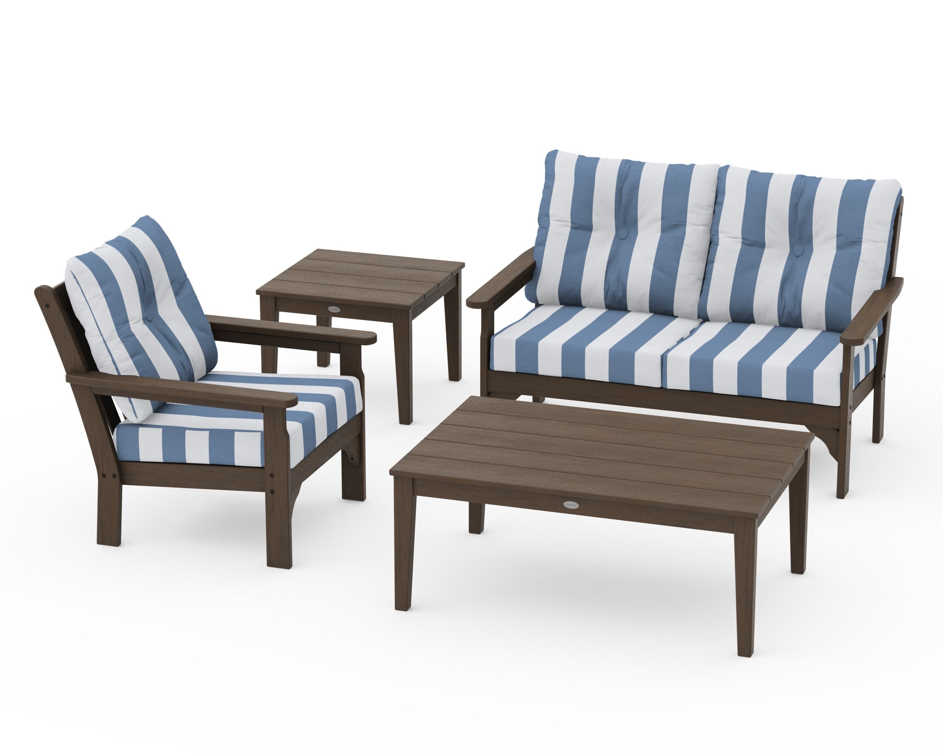 Vineyard 4-Piece Deep Seating Set in Kona / Cabana Stripe Sky Blue