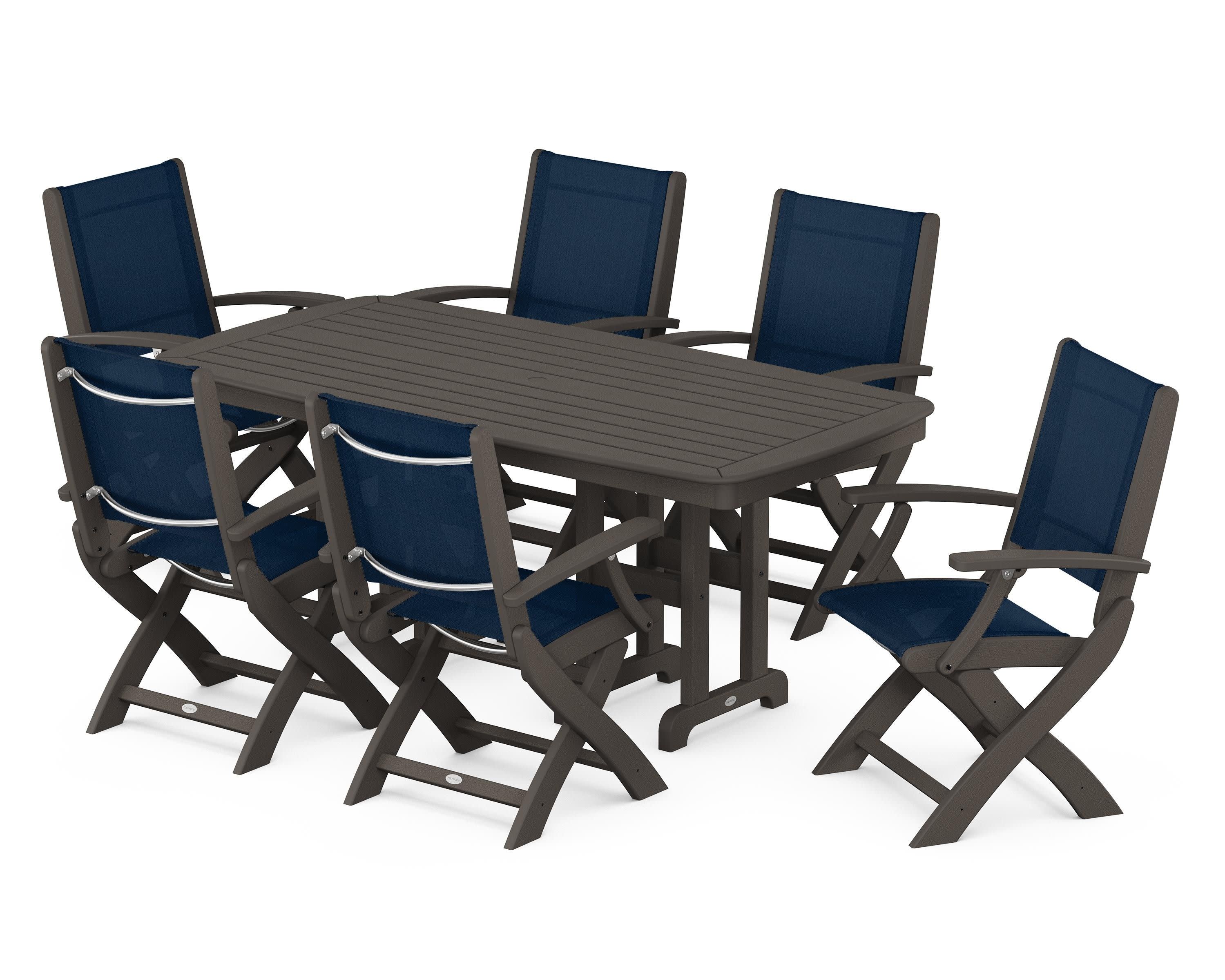 Coastal Folding Arm Chair 7-Piece Dining Set in Vintage Coffee / Navy Blue Sling