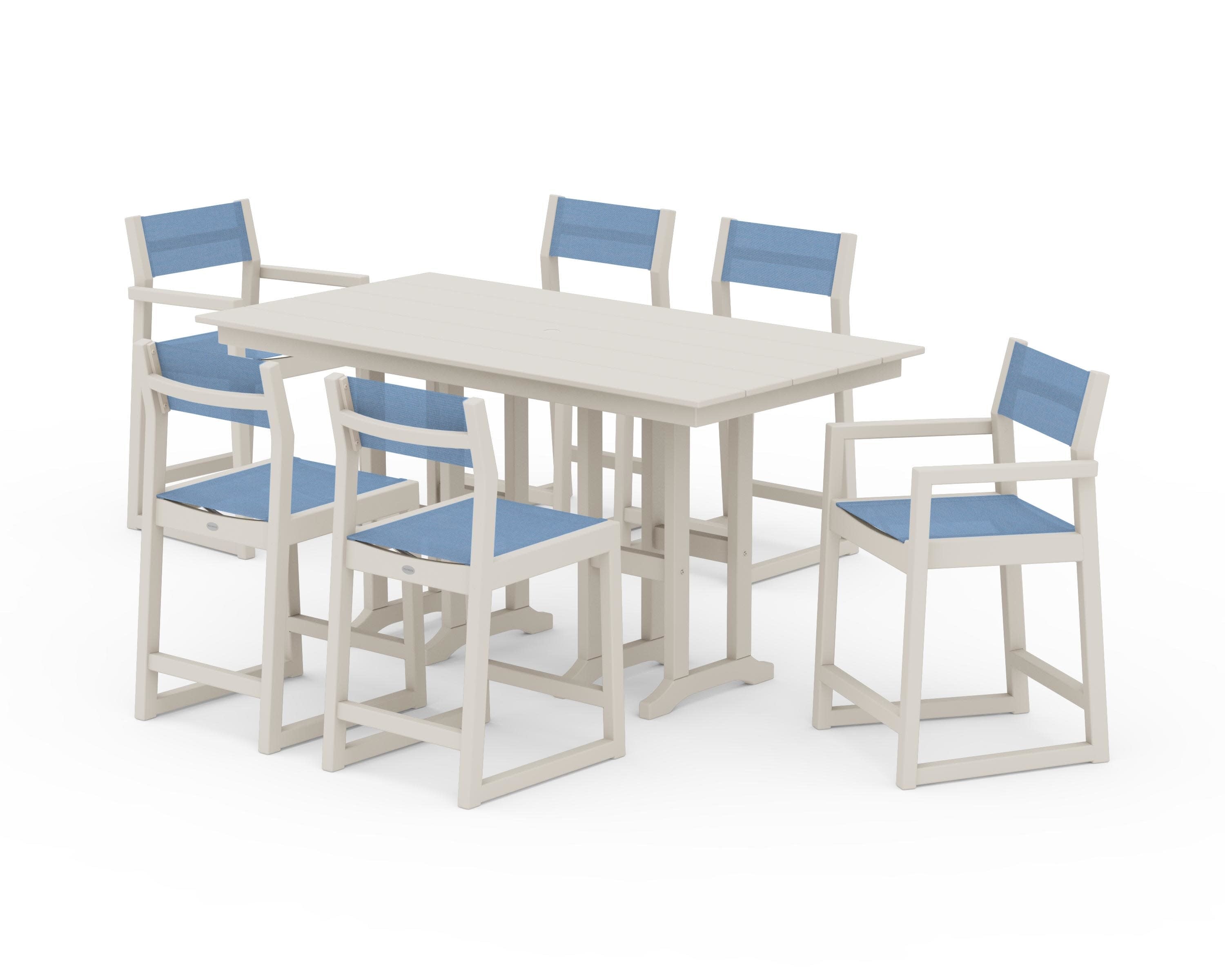 EDGE Sling 7-Piece Farmhouse Counter Set with Trestle Legs in Sand / Poolside Sling