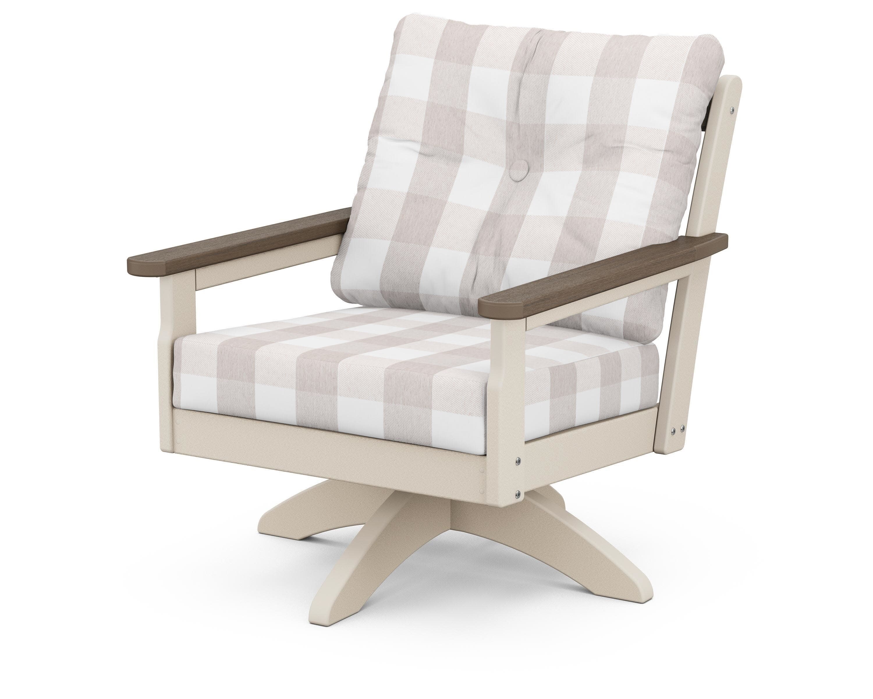 Vineyard Deep Seating Swivel Chair in Sand / Kona / Buffalo Plaid Dune Burlap