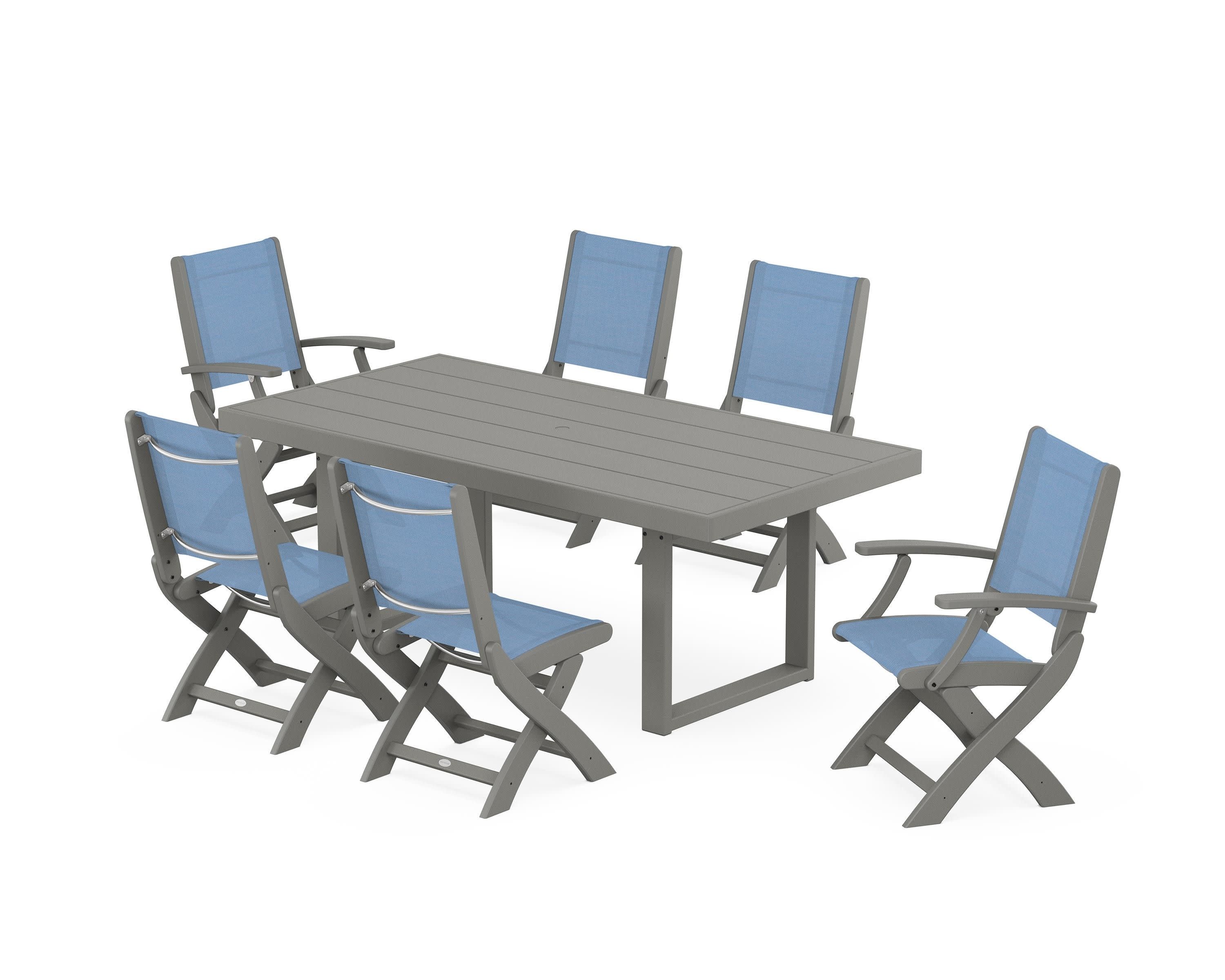Coastal Folding Chair 7-Piece Dining Set with Trestle Legs in Slate Grey / Poolside Sling