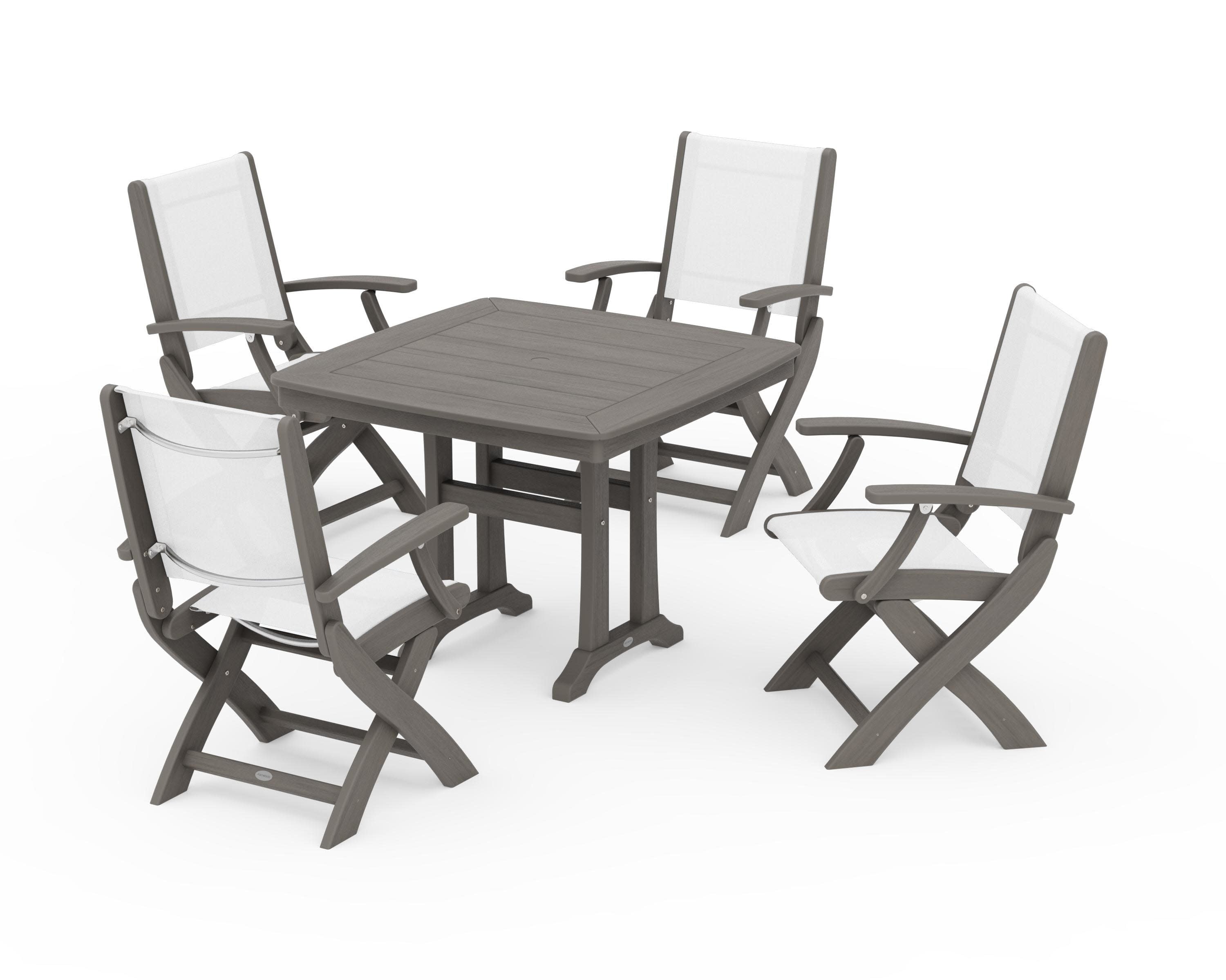 Coastal Folding Chair 5-Piece Dining Set with Trestle Legs in Driftwood / White Sling