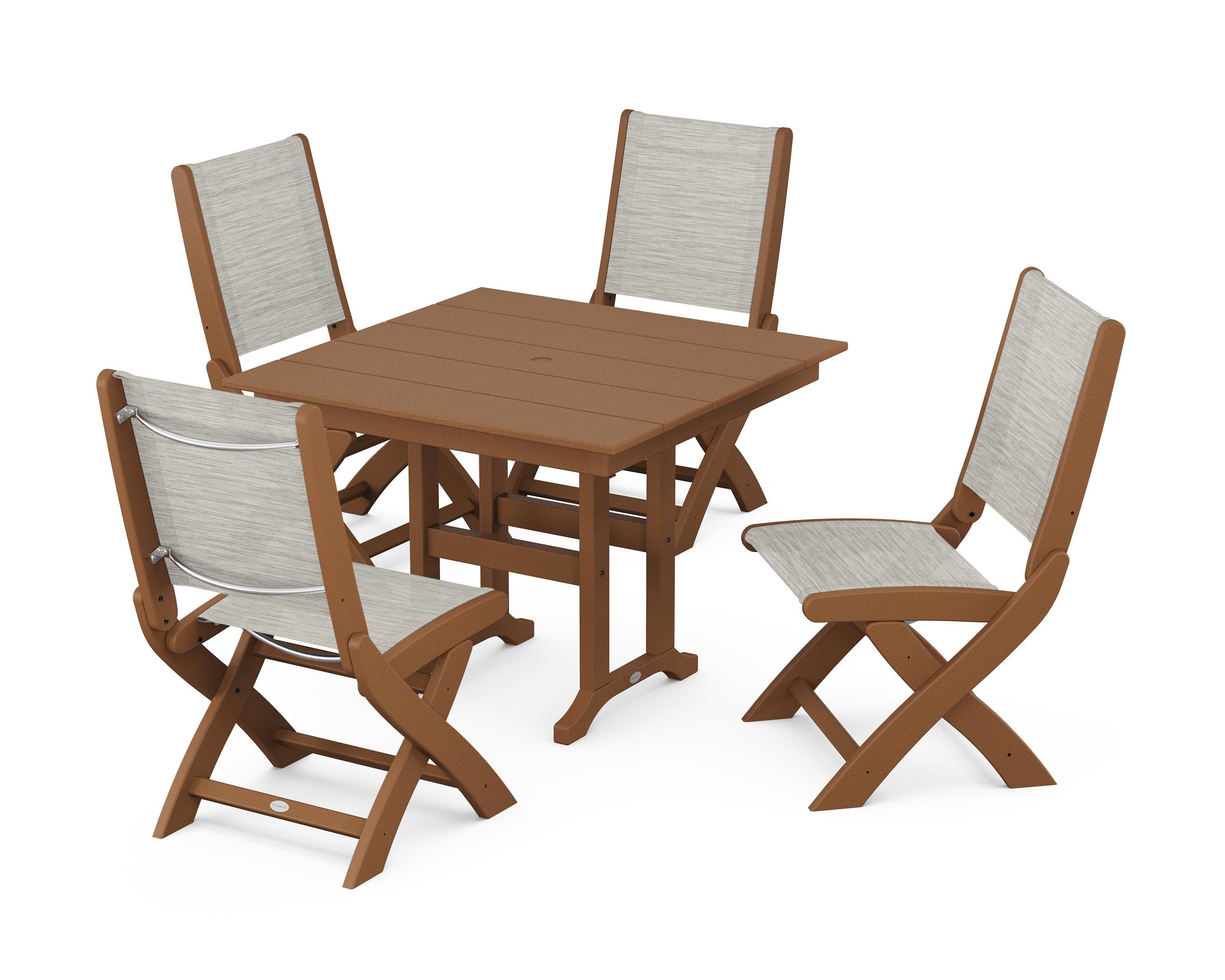Coastal Folding Side Chair 5-Piece Farmhouse Dining Set in Teak / Birch Sling