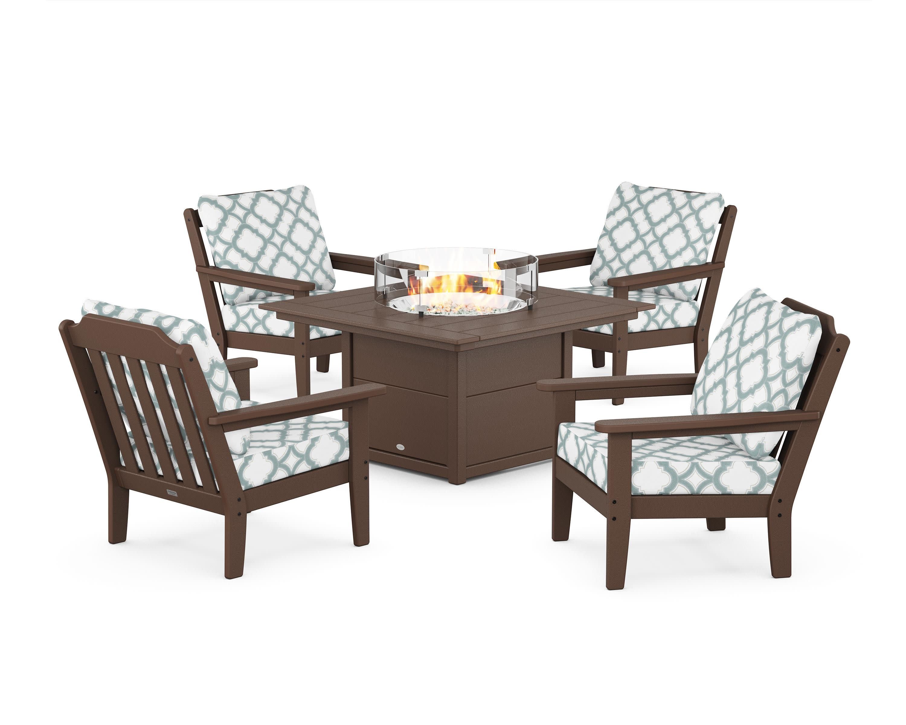 Cottage 5-Piece Deep Seating Set with Fire Pit Table in Mahogany / Trellis Glacier Spa